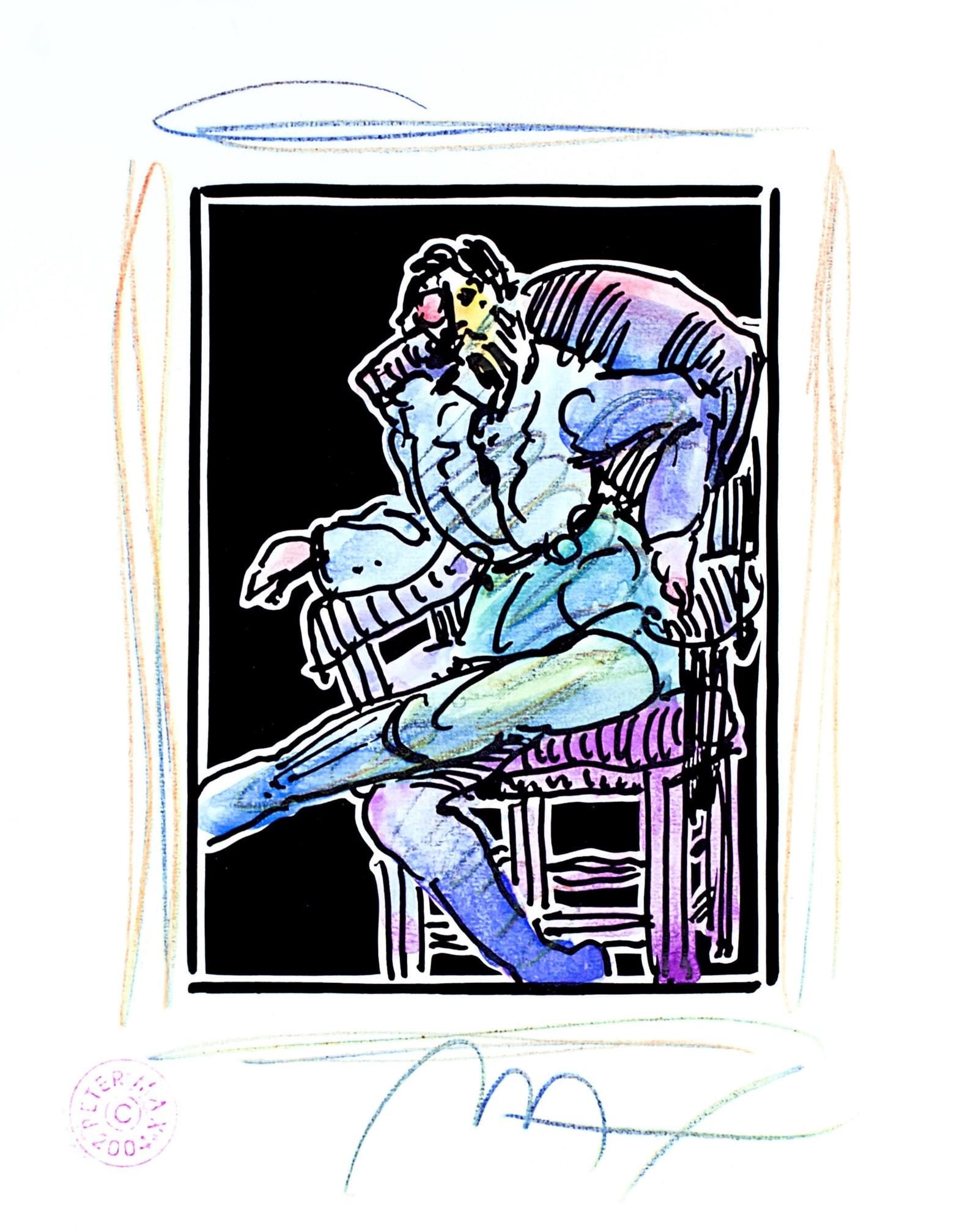 Peter Max, Seated Figure, Black and White Series, Hand Signed, Official Edition Mixed Media: Lithograph in colors, watercolor, colored pencil on Lustro Saxony paper. Paper size: 8.75 x 7 inches. Inscription: Hand signed by Peter Max and unnumbered, as issued. Condition: Excellent. Notes: Publ