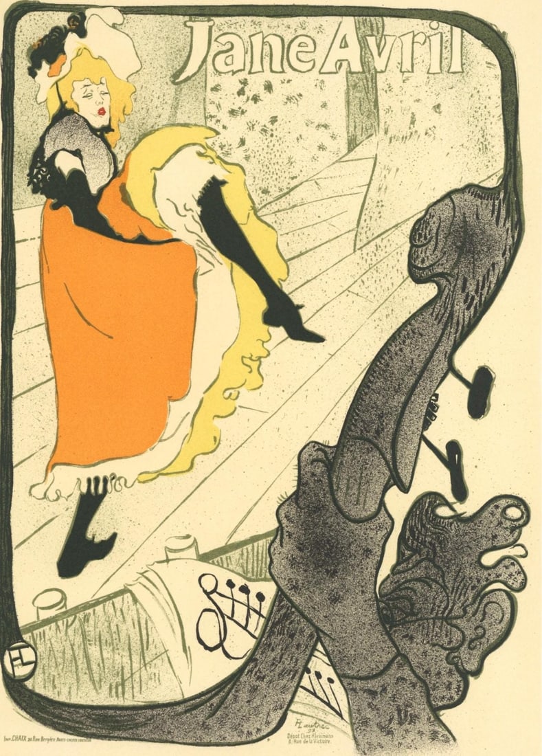 Henri de Toulouse-Lautrec, Jane Avril, Les Affiches De Toulouse-Lautrec, Limited Edition Lithograph: Lithograph on grand velin Filigrane a sa marque paper. Paper size: 12.5 x 9.75 inches; image size: 11.02 x 7.87 inches. Excellent condition. Inscription: Signed in the plate and unnumbered, as issued.