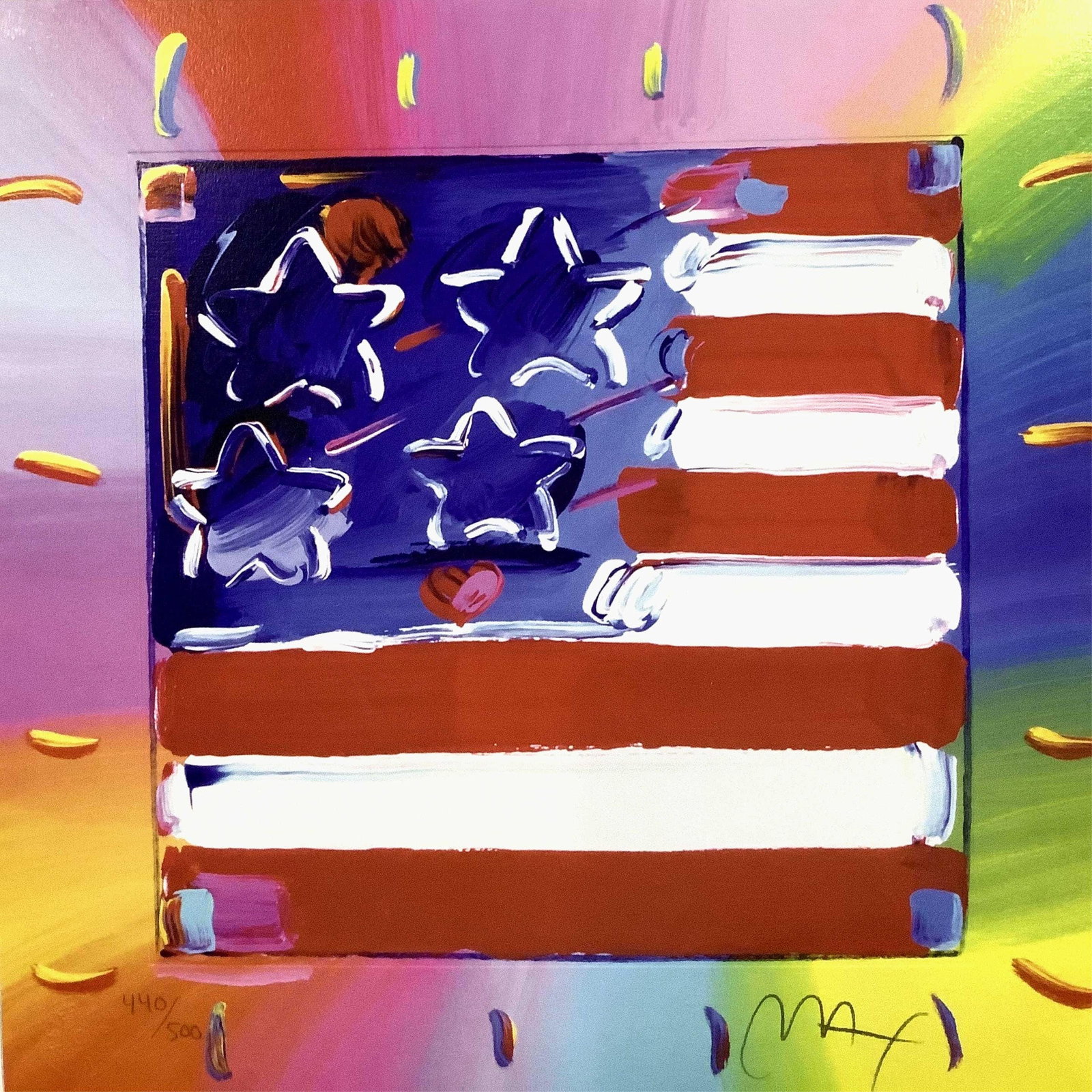 Peter Max, Heart with Flag III, Hand Signed, Official Limited Edition Lithograph: Lithograph in colors on Lustro Saxony paper. Paper size: 9.75 x 9.75 inches. Inscription: Hand signed by Peter Max and numbered, as issued. Condition: Excellent. Notes: Published and printed by Via Ma