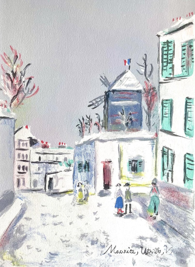 Maurice Utrillo, Montmartre (Moulin de la Galette), Paris Capitale, Limited Edition Lithograph: Lithograph on velin Johannot paper. Paper size: 16.93 x 12.99 inches. Excellent condition. Unsigned and unnumbered, as issued. Notes: From the folio, Paris Capitale, 1955. Published by Joseph Foret, E