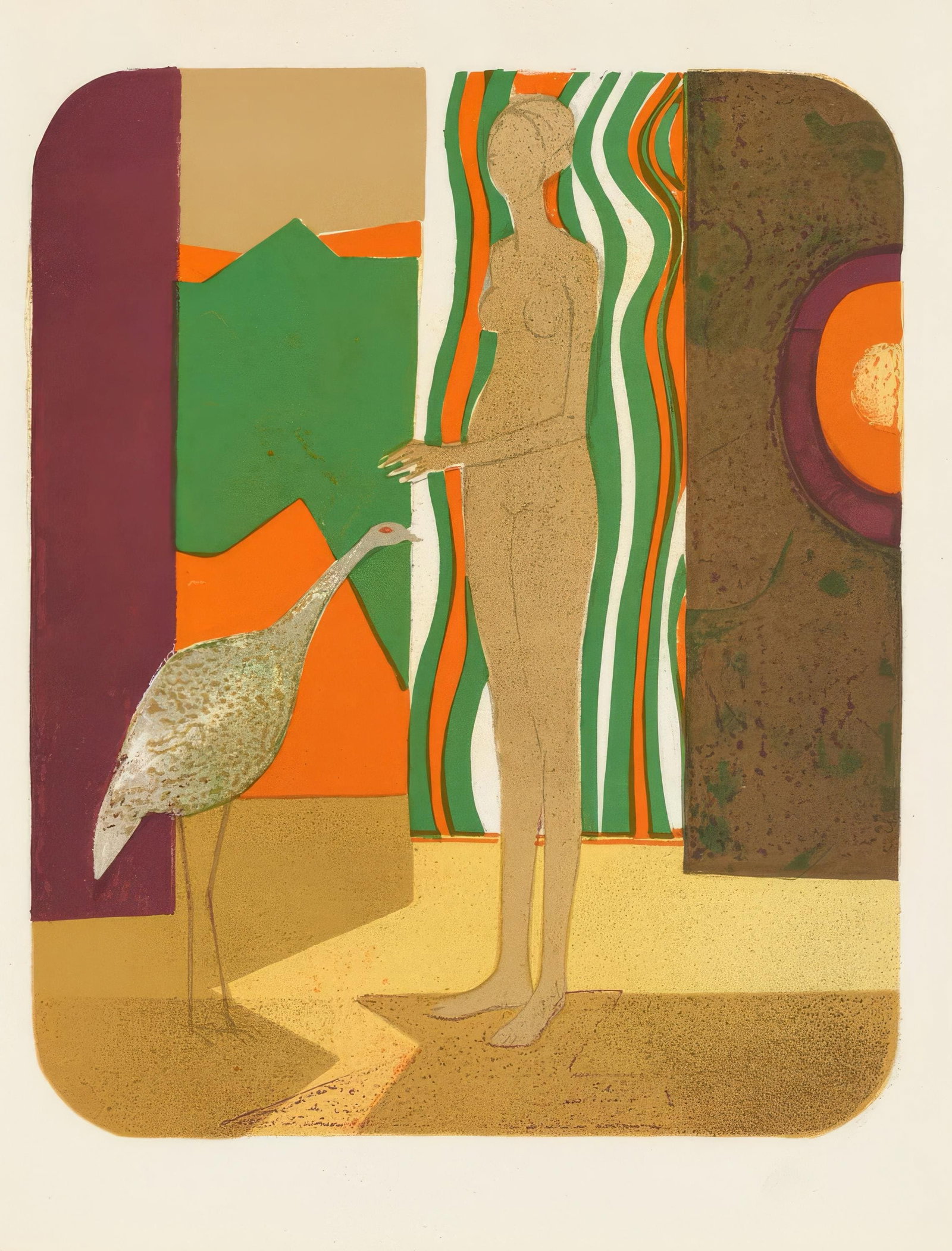 Andre Minaux, The Woman and the Bird, from Memories and Portraits of Artists, Limited Edition: This exquisite lithograph by Andre Minaux (1923-1986), titled La femme et l'oiseau (The Woman and the Bird), originates from the 1972 edition published by Editions A. C. Mazo et Cie., Paris, in collab