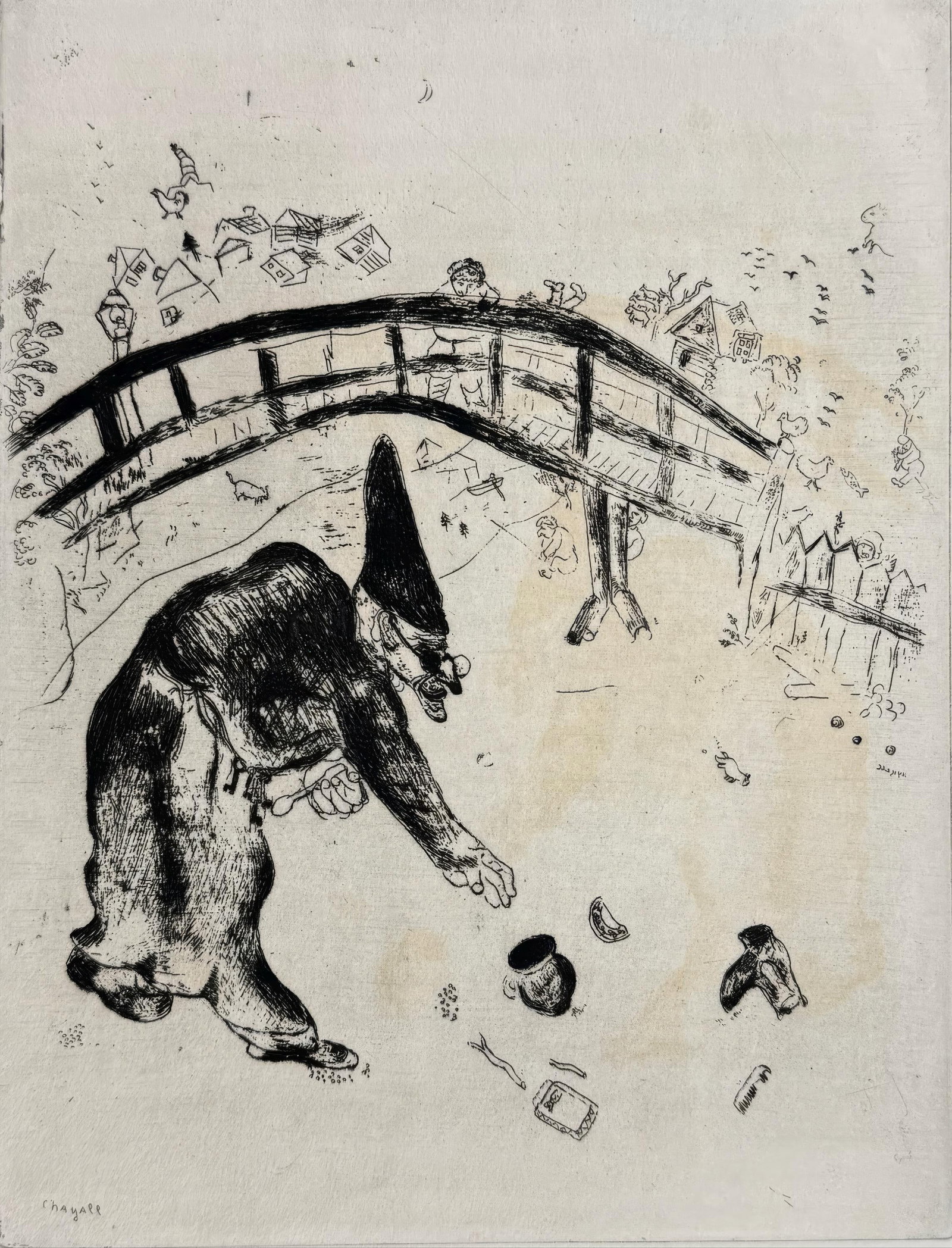 Marc Chagall, Pliouchkine Gathering Beneath the Bridge, from Dead Souls, Limited Edition Etching, (1 of 4)