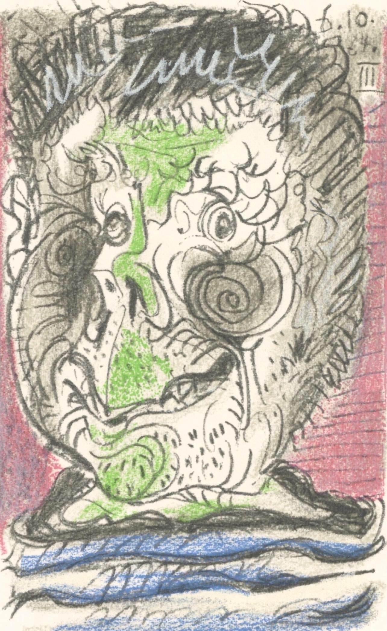 Pablo Picasso, 6.10.64. III (Cramer 148), Le Gout du Bonheur, Limited Edition Mixed Media Lithograph: Lithograph and silkscreen with grease crayon, lithographic tusche, lead pencil, charcoal on velin d'Arches paper. Paper size: 12.8 x 9.84 inches. Inscription: Unsigned and unnumbered, as issued. Catal
