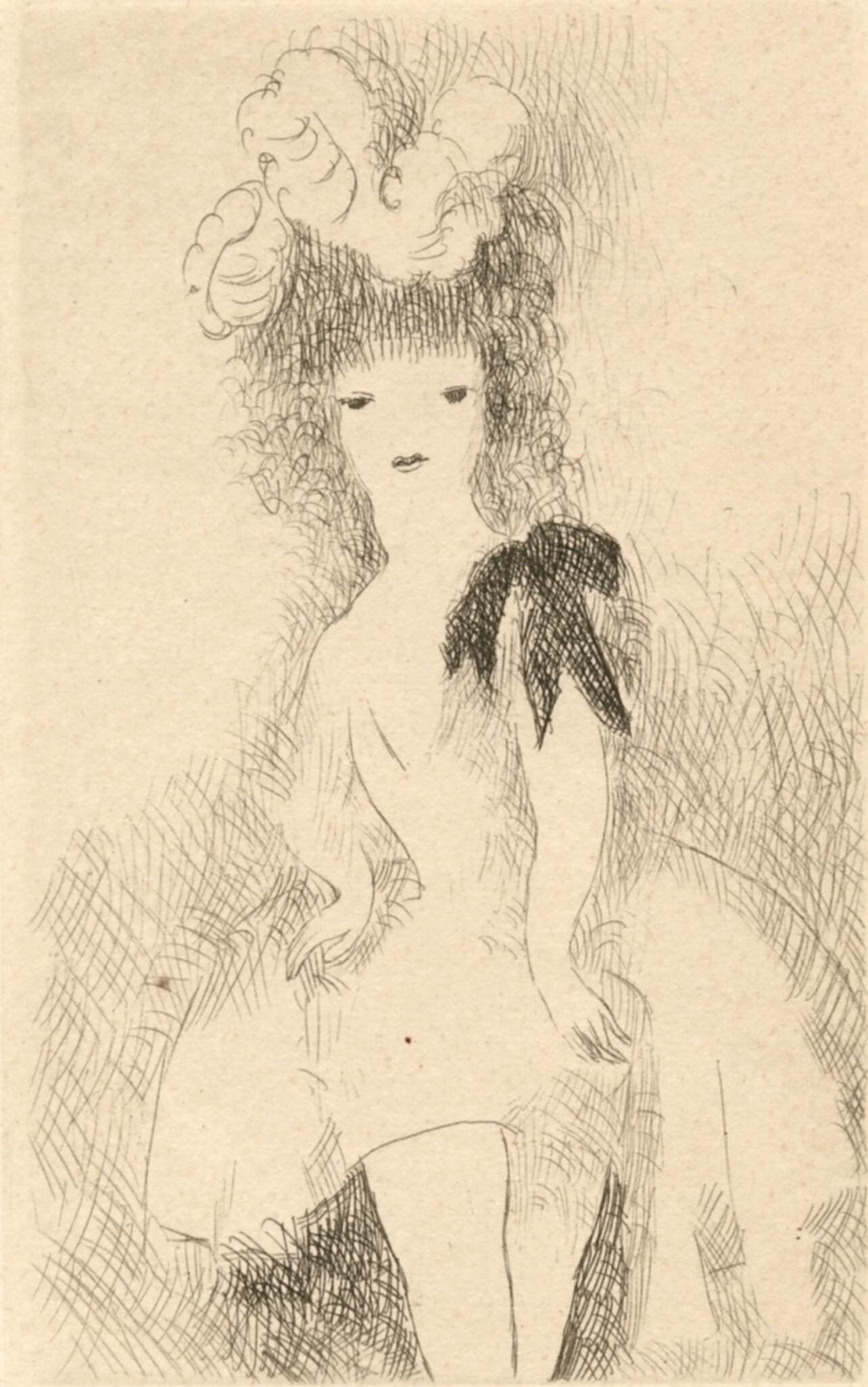 Marie Laurencin, Jeune fille au nœud noir, Dix filles dans un pre, Limited Edition Etching: Etching on velin d'Annonay, des freres Montgolfier paper. Signed in the plate and unnumbered, as issued. Paper size: 7.5 x 5.5 inches. Excellent condition. Notes: From the volume, Dix filles dans un p