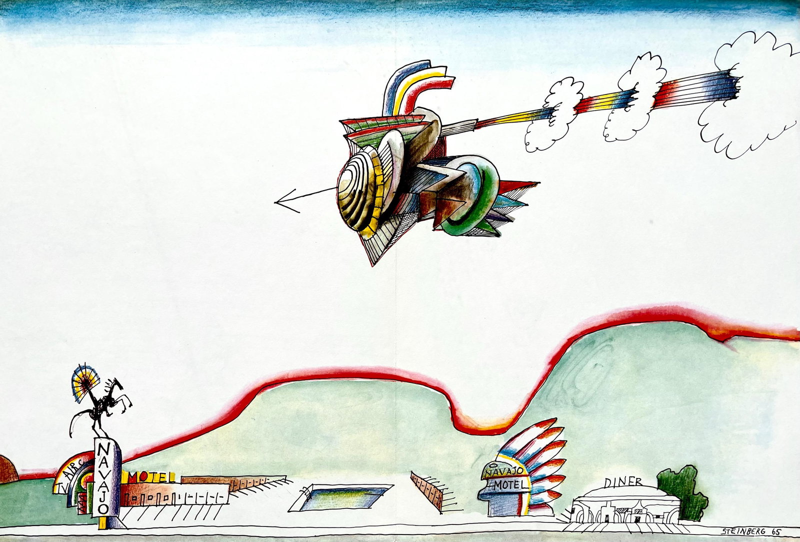 Saul Steinberg, Composition, Derriere le miroir, Limited Edition Lithograph: Lithograph on velin paper. Paper Size: 15 x 22 inches. Excellent condition, with centerfold, as issue. Inscription: Unsigned and unnumbered, as issued. Notes: From Derriere le miroir, N deg 157, 1966.