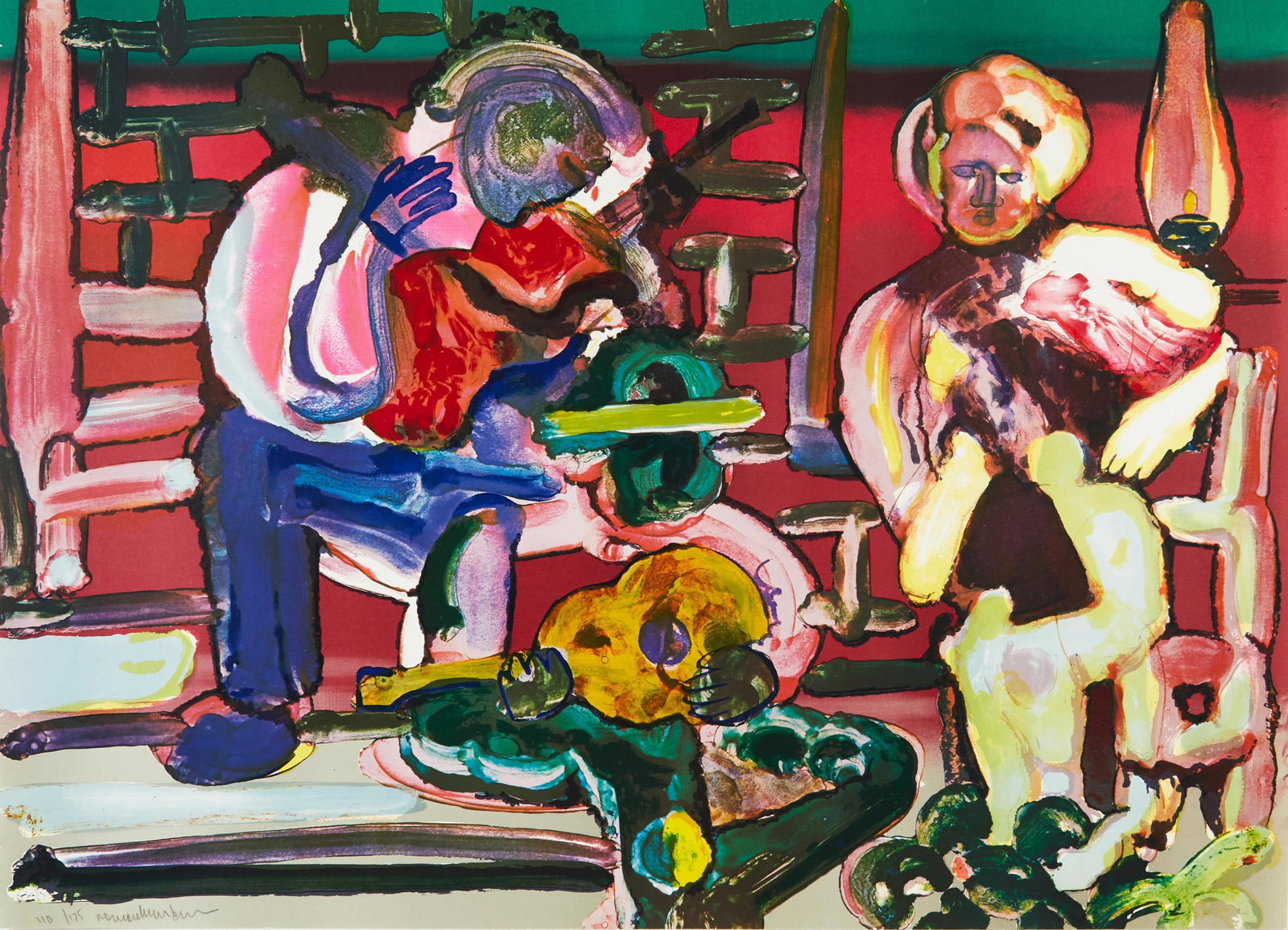 Romare Bearden, Louisiana Serenade (Gelburd/Rosenberg 70-77), Jazz Series, Limited Edition: Lithograph on velin d'Arches paper, 1979. Paper Size: 23.75 x 35.5 inches. Excellent condition. Inscription: hand signed and numbered, as issued. Notes: From the Jazz Series. Published by London Arts