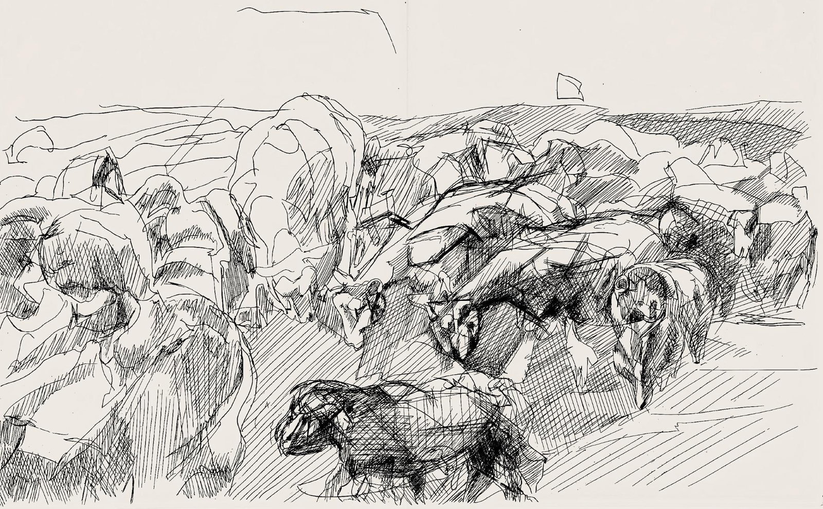 Jacques Villon, Composition (Ginestet/Pouillon 42-64), Hesiode, Les Travaux et les Jours, Limited: Etching on velin de Rives paper. Paper size: 15.75 x 24 inches. Excellent condition, with centerfold, as issued. Unsigned and unnumbered, as issued. Notes: From the folio, Hesiode, Les Travaux et les