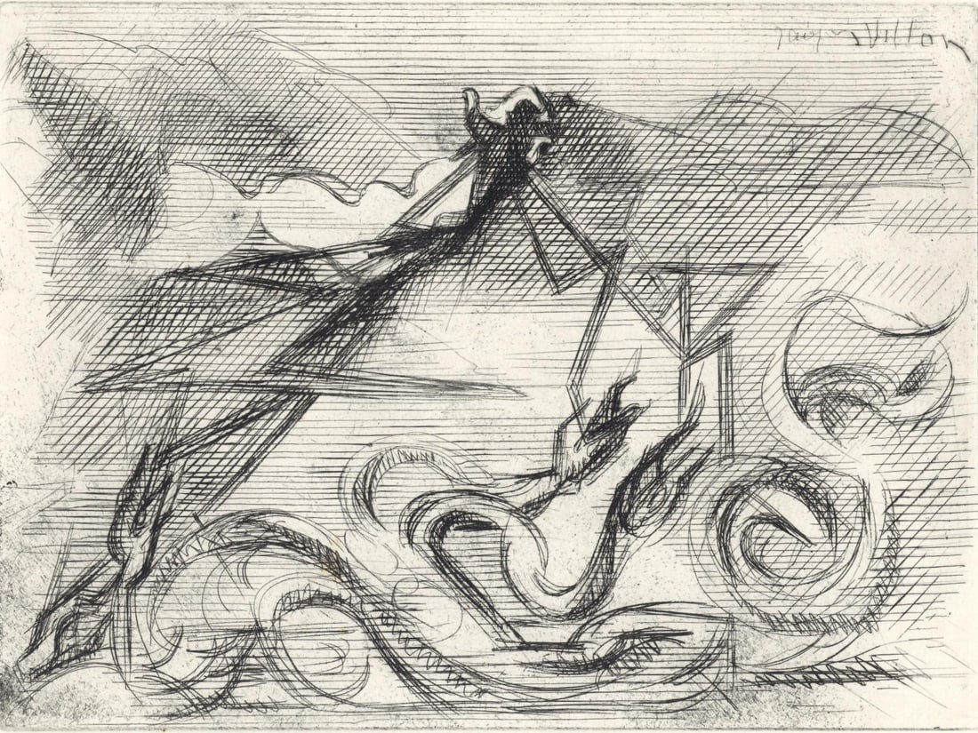 Jacques Villon, Composition, Alternance, Limited Edition Etching: Etching on velin pur chiffon de Rives paper. Unsigned and unnumbered. Paper Size: 9.875 x 12.875 inches. Excellent condition. Notes: From the folio, Alternance, 1946. Published by Le Gerbier, Paris; p