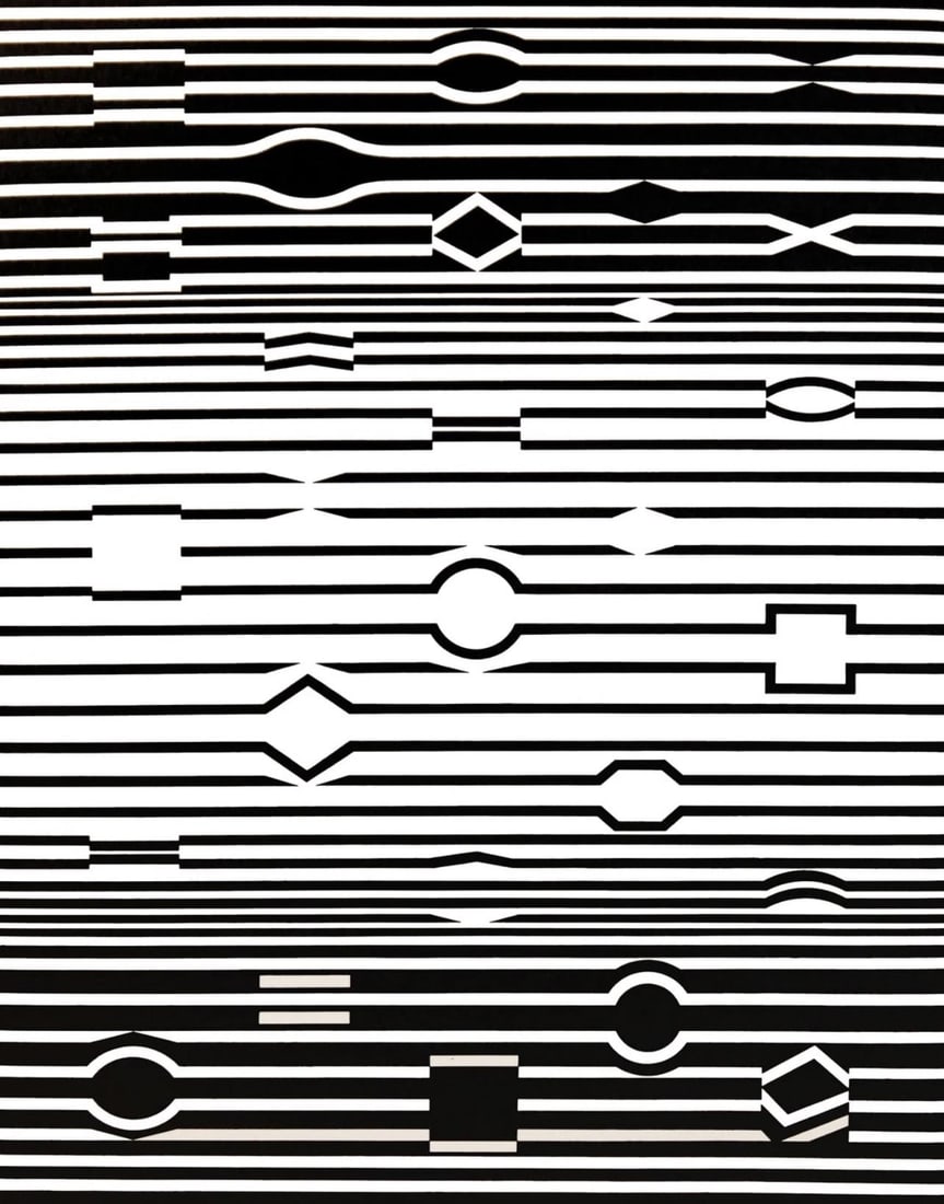 Victor Vasarely, Composition, Ondulatoires, Limited Edition Heliogravure: Heliogravure on 280 gm M2 gloss paper. Paper Size: 11.61 x 9.25 inches. Excellent condition. Notes: From the folio, Ondulatoires, 1973. Published and printed by Editions du Griffon, Neuchatel, Switzer