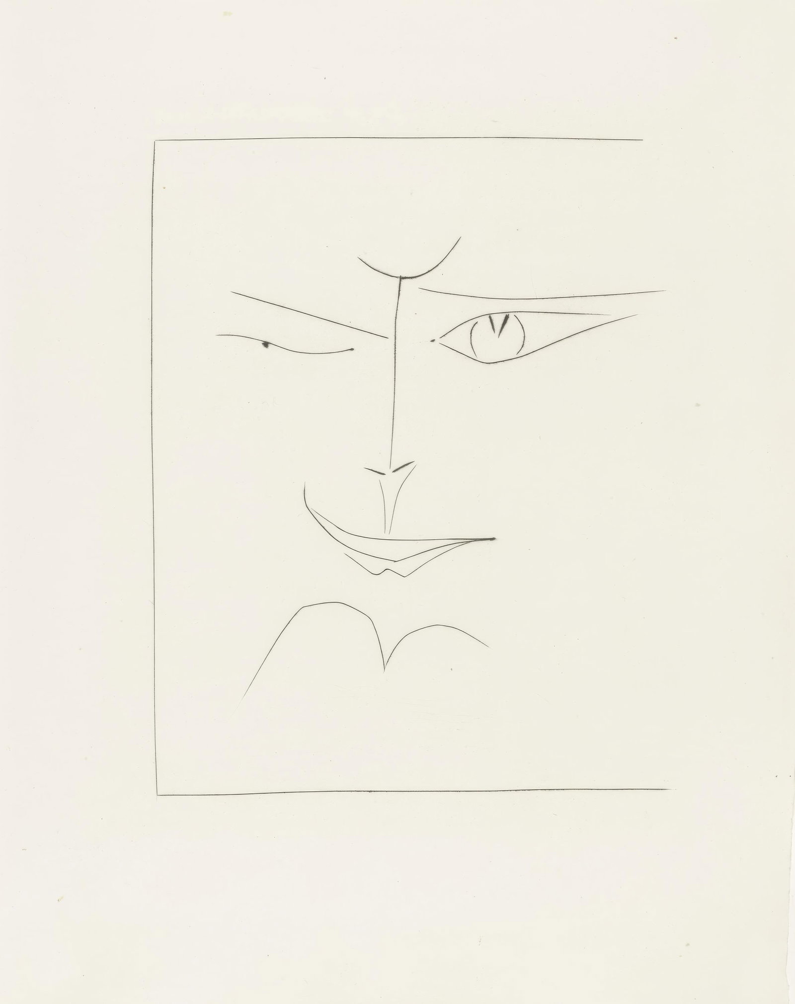 Pablo Picasso, Untitled, from Carmen, Limited Edition Engraving, 1949: This exquisite engraving by Pablo Picasso (1881-1973), titled Sans titre (Untitled), from the folio Picasso, Carmen (Picasso, Carmen), originates from the 1949 edition published by La Bibliotheque Fra