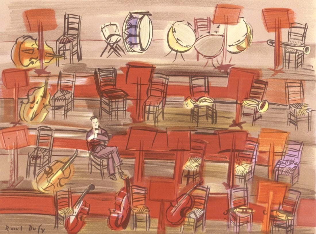 Raoul Dufy, L'Entracte, Lettre a mon peintre Raoul Dufy, Limited Edition Lithograph: Lithograph on velin Arjomari paper. Paper Size: 11.75 x 9.375 inches. Inscription: Signed in the plate and unnumbered, as issued. Notes: From the folio, Lettre a mon peintre Raoul Dufy, 1965. Publishe