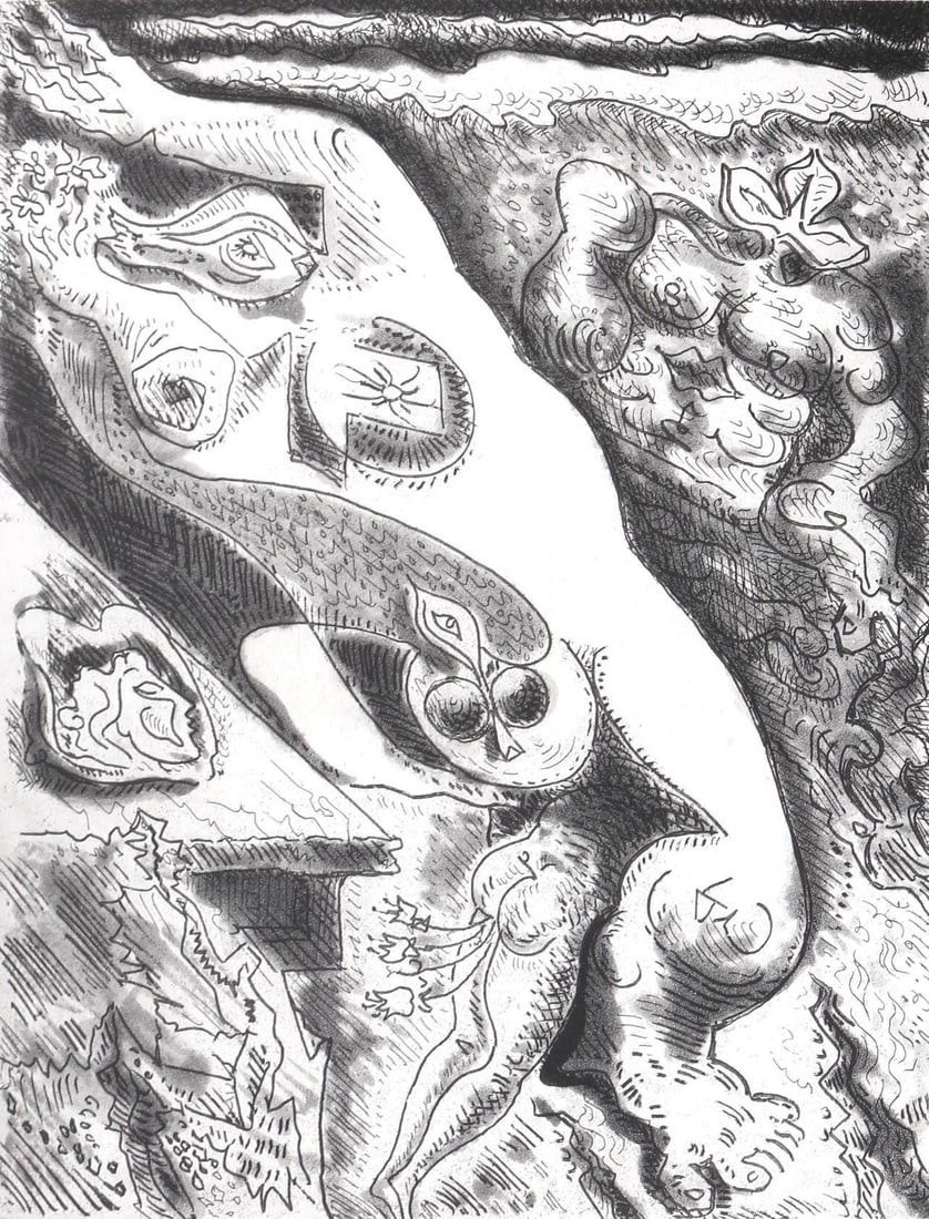 Andre Masson, Composition (Cramer 99), Le Septieme Chant, Limited Edition Engraving: Engraving on velin d'Arches paper. Paper size: 14.75 x 11.125 inches. Excellent condition. Inscription: unsigned and unnumbered, as issued. Notes: From the folio, Le septieme chant, la mort d'Isidore