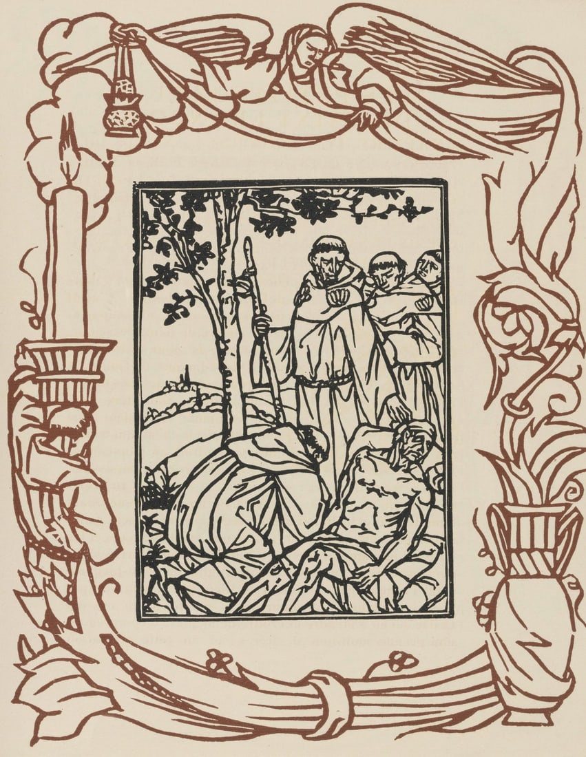 Emile Bernard, Composition (Morane, No. 100), Les Petites Fleurs de St. Francoise, Limited Edition: Wood engraving on verge d'Arches paper. Paper size: 12.8125 x 9.8125 inches. Excellent condition. Unsigned and unnumbered, as issued. Notes: From the volume, Les Petites Fleurs de St. Francois, 1928.