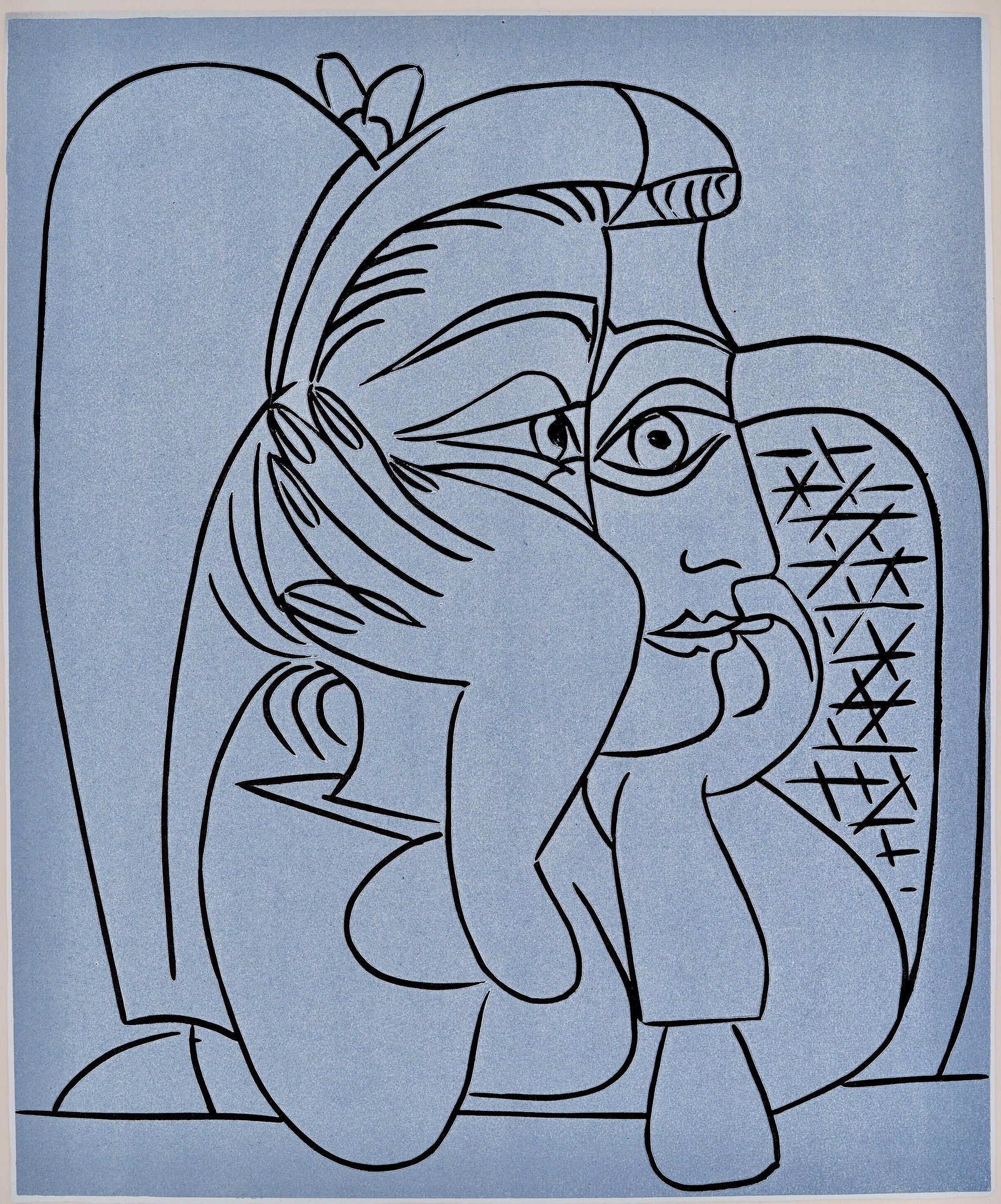 Pablo Picasso, Femme accoudee (Orozco 214), Grabados al linoleo, Limited Edition Linocut: Linocut on velin paper. Paper Size: 12.5 x 14.5 inches; image size: 10.5 x 8.75 inches. Inscription: Unsigned and unnumbered, as issued. Catalogue raisonne reference: Orozco, M. (2018). Picasso. 70 ye
