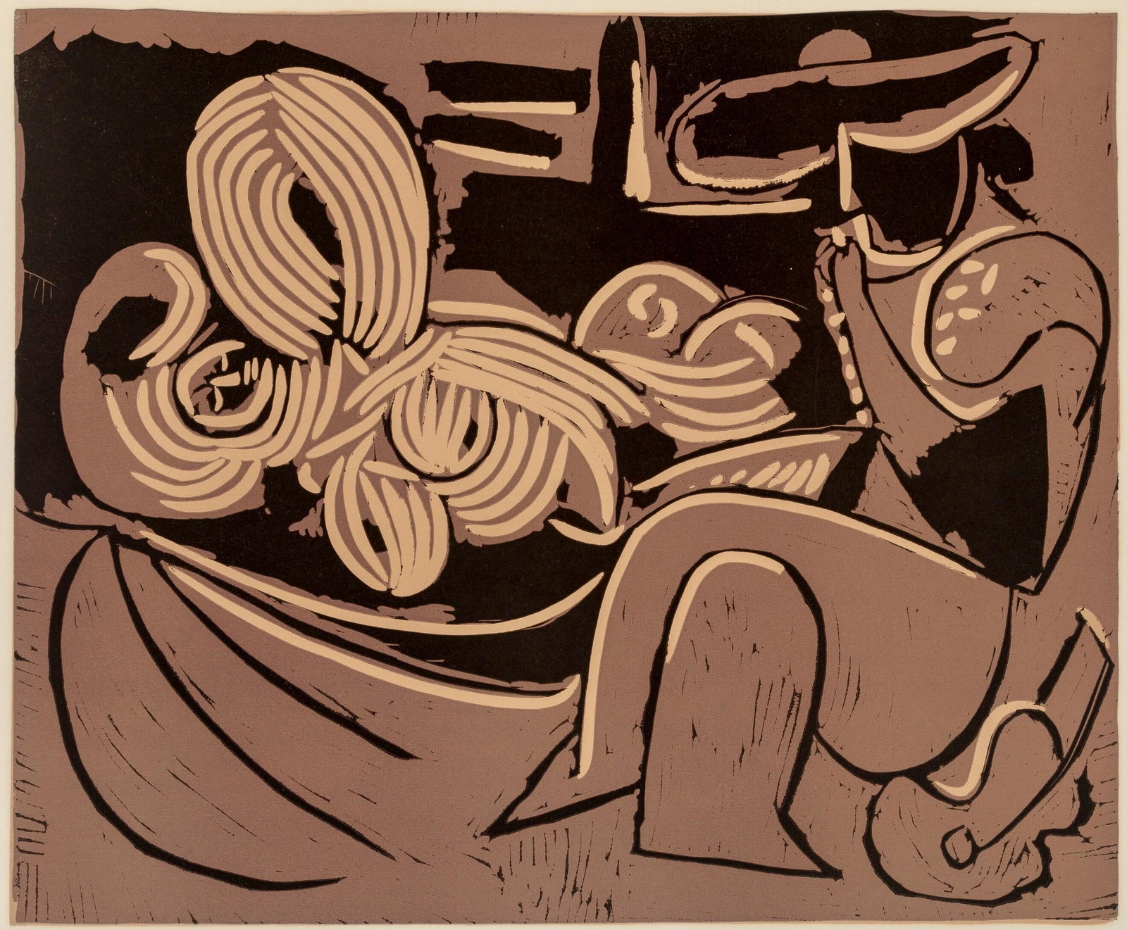Pablo Picasso, Femme couchee et homme (Orozco 214), Grabados al linoleo, Limited Edition Linocut (1 of 4)