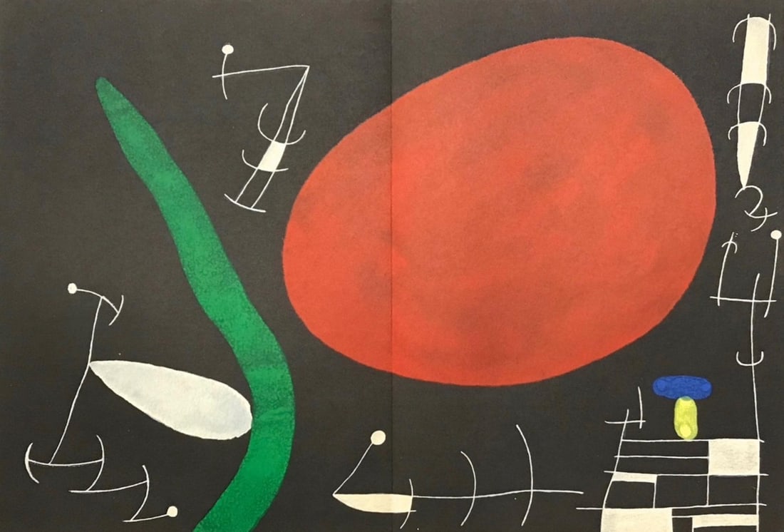Joan Miro, Composition (Cramer 112; Mourlot 439-442), Derriere le miroir, Limited Edition Lithograph: Lithograph on velin paper. Paper size: 15 x 22 inches. Excellent condition, with centerfold, as issued. Inscription: Unsigned and unnumbered, as issued. Notes: From the volume, Derriere le miroir, N d