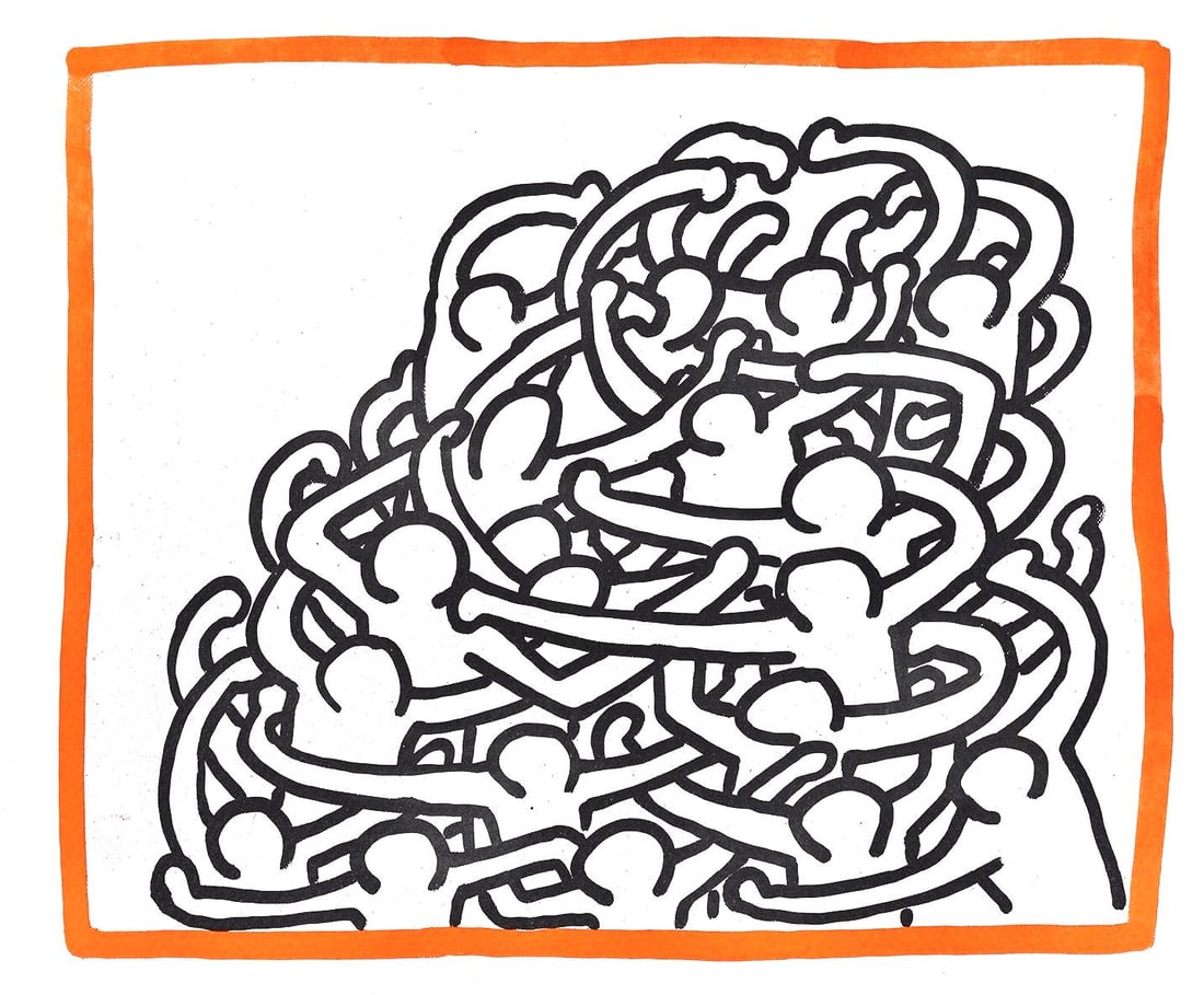 Keith Haring, Composition, Against All Odds, Limited Edition Lithograph: Lithograph on acid-free Rivoli paper. Paper Size: 8.5 x 10.3 inches. Inscription: Unsigned and unnumbered, as issued. Condition: Very good/excellent, consistent with age. Notes: From the album, Agains