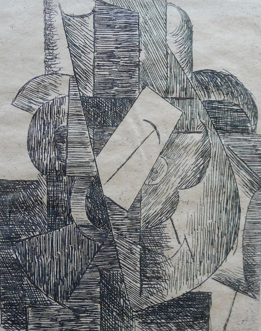 Pablo Picasso, L'Homme au chapeau (Bloch 29; Baer 42; Cramer 46), Du cubisme, Limited Edition: Etching on velin du Lana Papiers Speciaux pur fil paper. Paper Size: 10.0625 x 8.25 inches. Excellent condition. Inscription: Unsigned and unnumbered, as issued. Notes: From the album, Du cubisme, 194