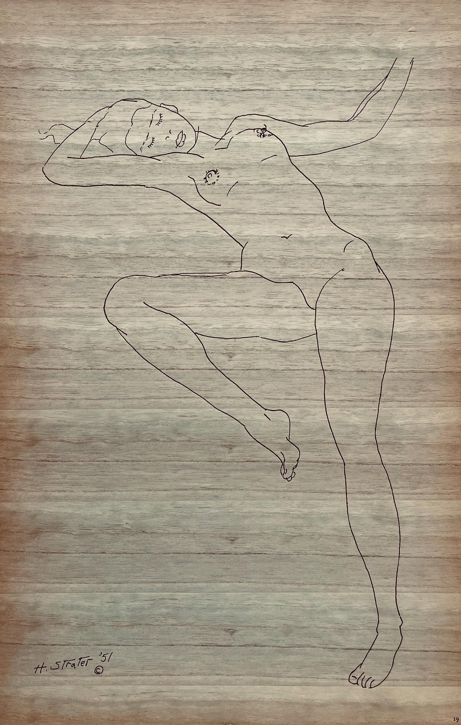 Henry Strater, Composition, 24 Drawings by Henry Strater, Limited Edition Lithograph: Lithograph on lacquered wood veneer paper. Signed in the plate and unnumbered, as issued. Paper size: 20.5 x 13.5 inches. Excellent condition. Notes: From the folio, 24 Drawings by Henry Strater, 1963