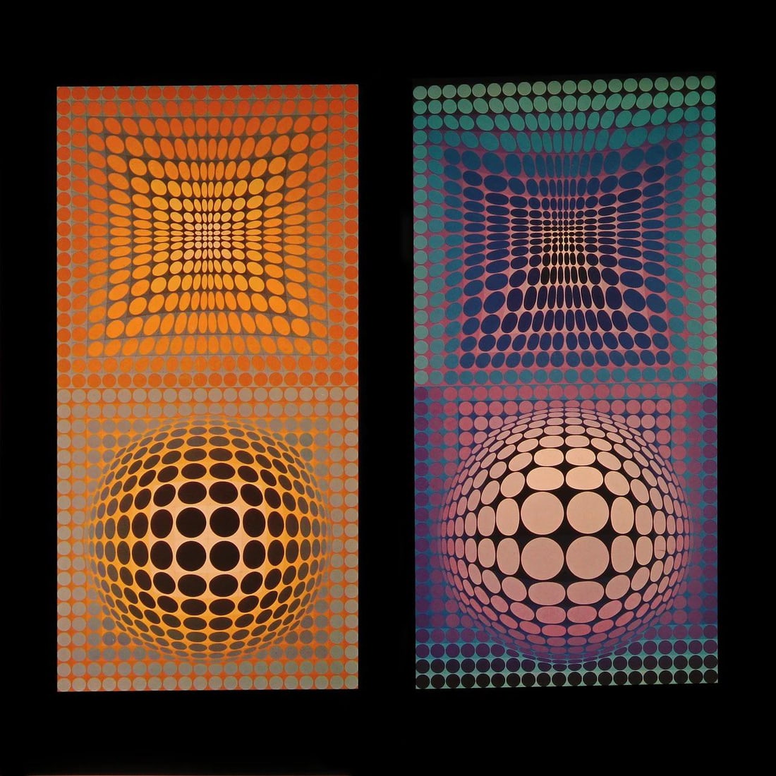 Victor Vasarely, Composition, Damier, Limited Edition Heliogravure: Heliogravure on 280 gm M2 gloss paper. Paper Size: 11 x 11 inches. Excellent condition. Notes: From the folio, Damier, 1973. Published and printed by Editions du Griffon, Neuchatel, Switzerland, 1973.