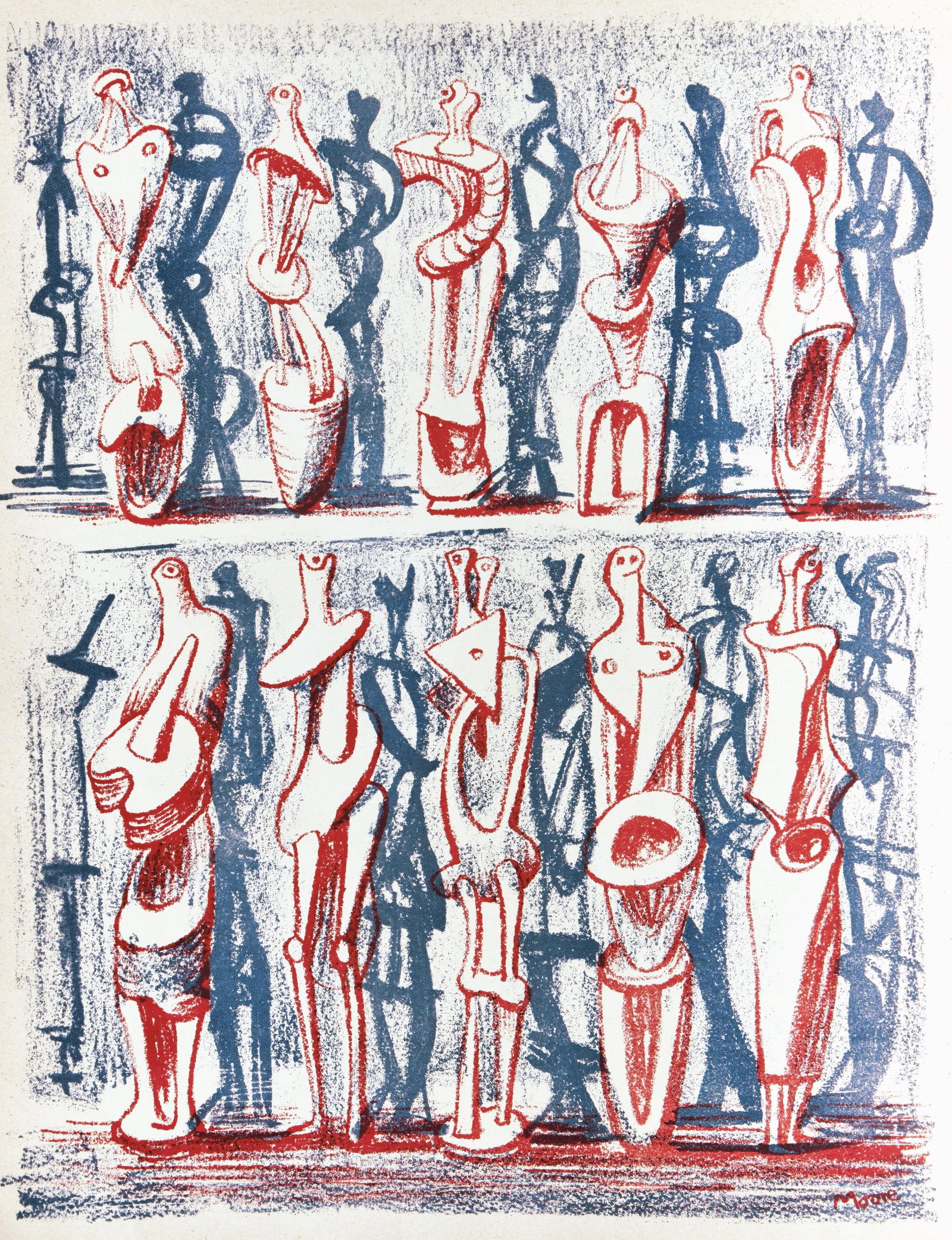 Henry Moore, Red and Blue Standing Figures, from XXe siecle, Limited Edition Lithograph, 1951: This exquisite lithograph by Henry Moore (1898-1986), titled Red and Blue Standing Figures, from the album XXe Siecle, Nouvelle serie, No. 1, 1951, originates from the 1951 edition published by Societ
