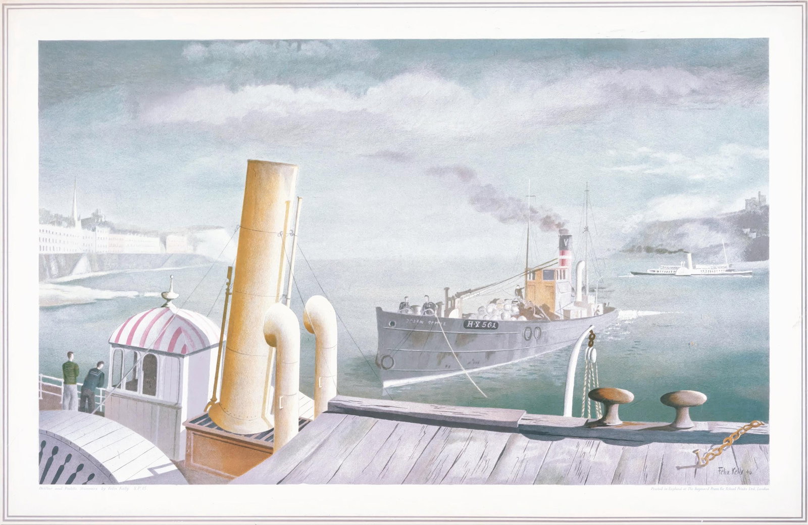 Felix Kelly, Drifter and Steamers, S.P.15., from School Prints Ltd., Limited Edition Lithograph,: This exquisite lithograph by Felix Kelly (1914-1994), titled Drifter and Steamers, S.P.15., originates from the School Prints Ltd. series, published by School Prints Ltd., London, under the direction