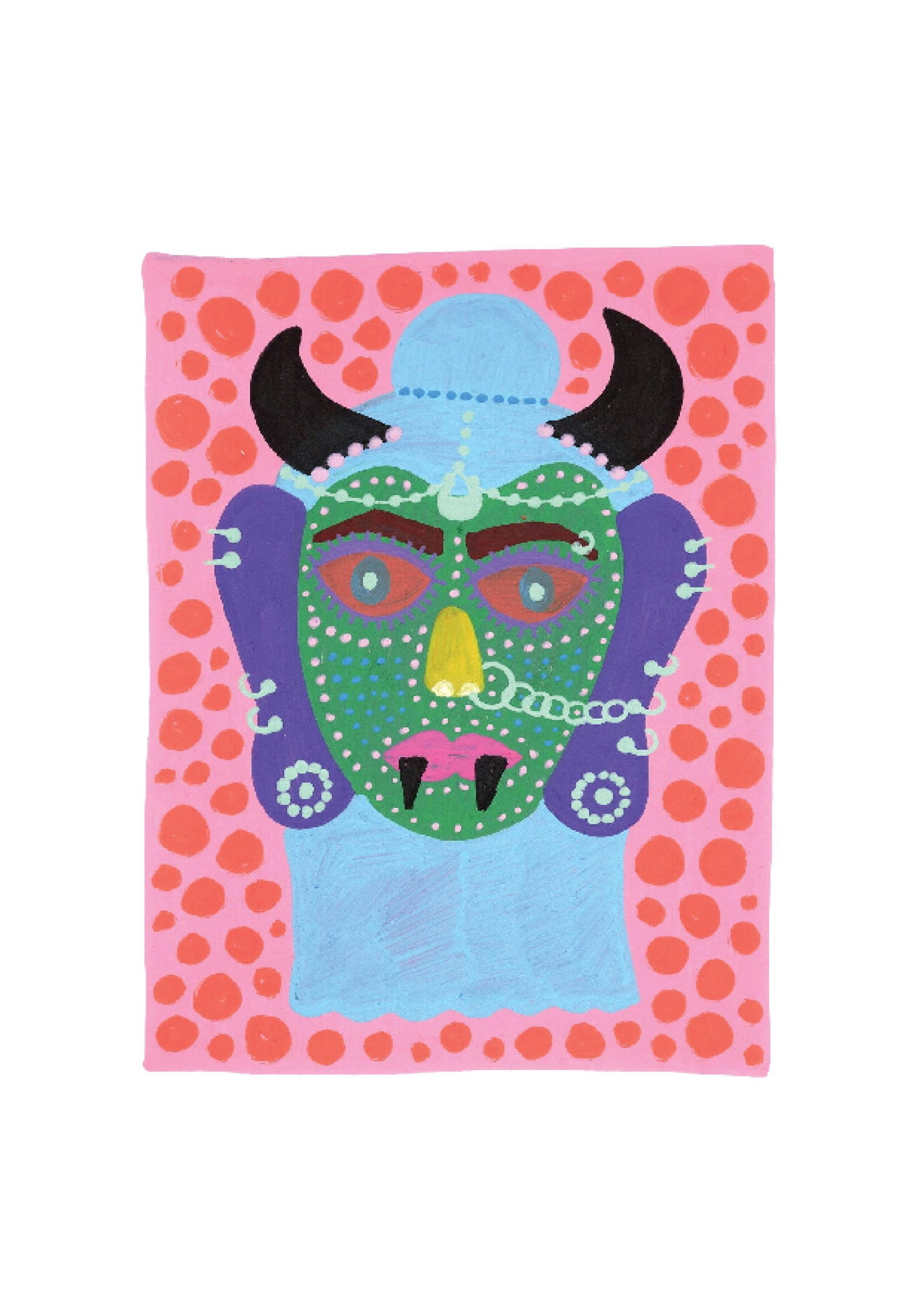 Evil Eye Mask 26: Inspired by the South Indian Drishti Bommai mask; a protective talisman traditionally represented as a doll; this artwork draws from a visual language widely seen across South India. These figures are