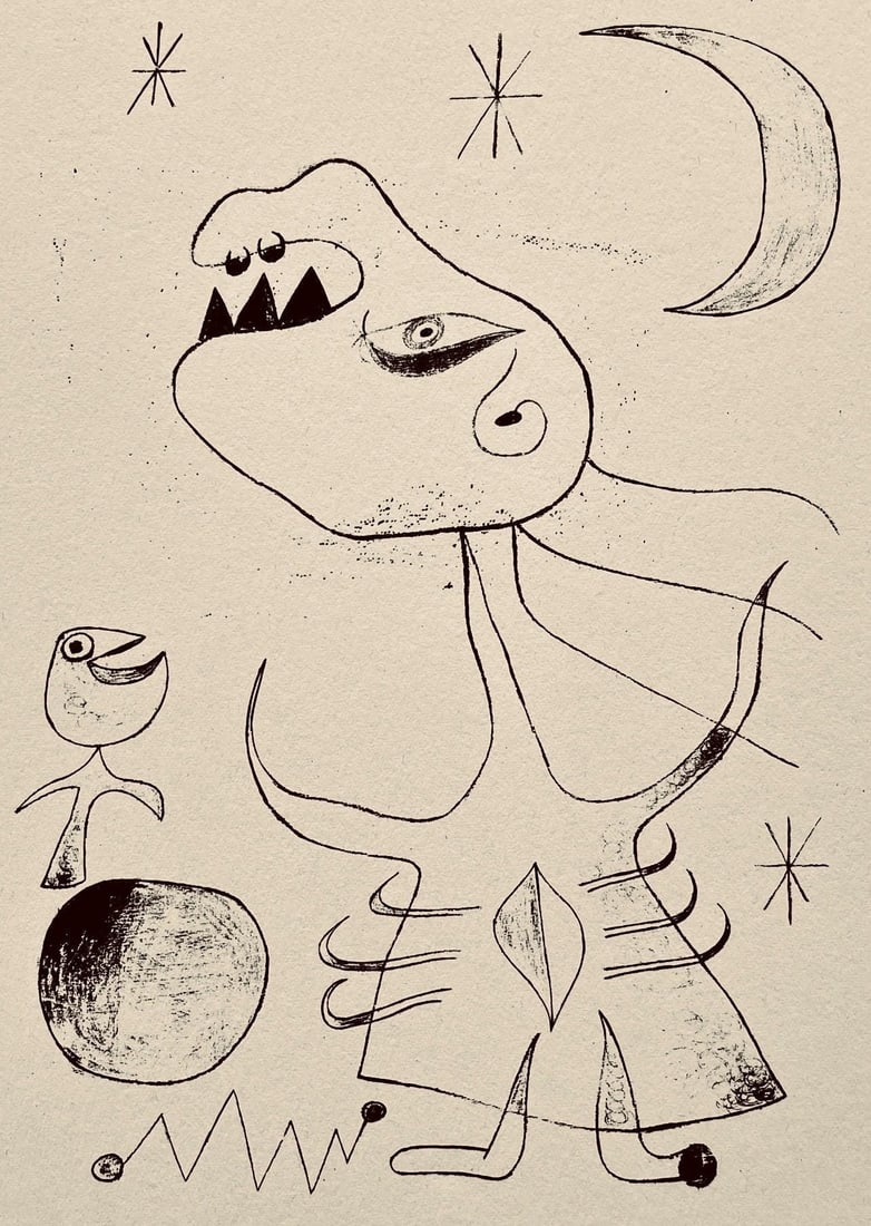 Joan Miro, Composition, The Prints of Joan Miro, Limited Edition Etching: Etching on velin paper. Inscription: Unsigned and unnumbered, as issued. Paper Size: 11 x 8.5 inches. Excellent condition. Notes: From the folio, The Prints of Joan Miro, Fall, 1947. Published by Curt