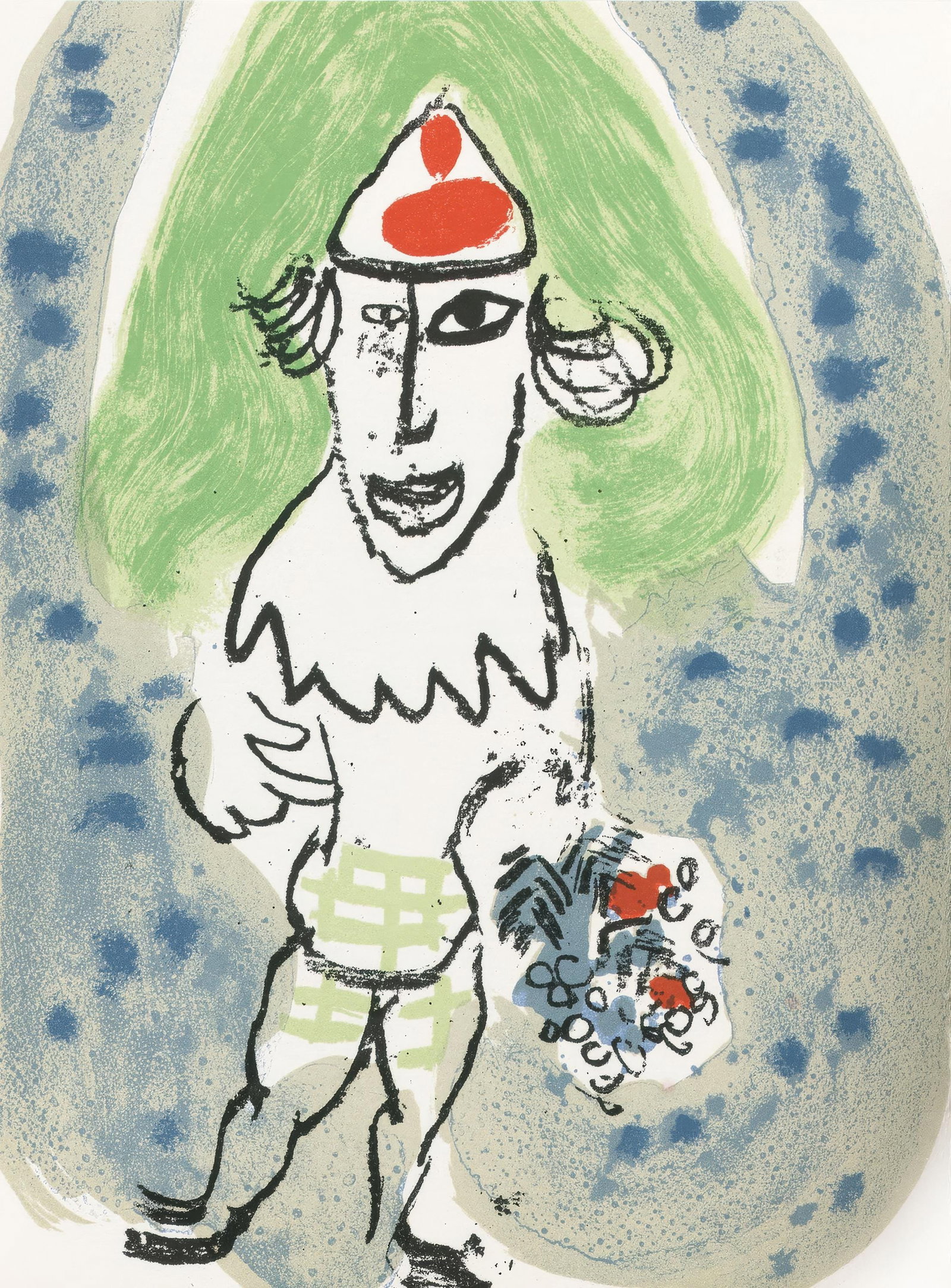 Marc Chagall, The Green Clown, from Derriere le miroir, Maeght Editeur, Limited Edition Lithograph,: This exquisite lithograph by Marc Chagall (1887-1985), titled Le Clown vert (The Green Clown), from the album Lithographies et eaux-fortes originales, livres illustres originaux, affiches, Derriere Le