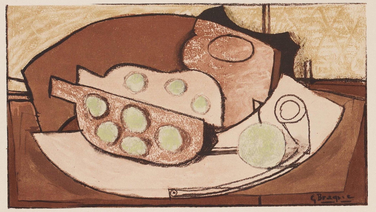 Georges Braque, Composition, Braque Espaces, 13 Dessins, Lavis, Aquarelles, Limited Edition: Lithograph and stencil on velin papier a la cuve du moulin richard de bas specialement filigrane pour cette edition paper. Paper size: 15.75 x 19.094 inches. Excellent condition. Inscription: signed i