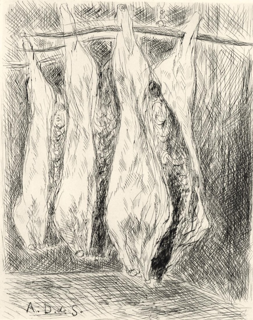 Andre Dunoyer de Segonzac, La boucherie des Halles, A La gloire a Paris, Limited Edition Etching: Etching on velin Canson et Montgolfier paper. Unsigned and unnumbered. Paper Size: 13.5 x 10.5 inches. Excellent condition. Notes: From the folio, A La gloire a Paris, 1937. Published by L'Imprimerie