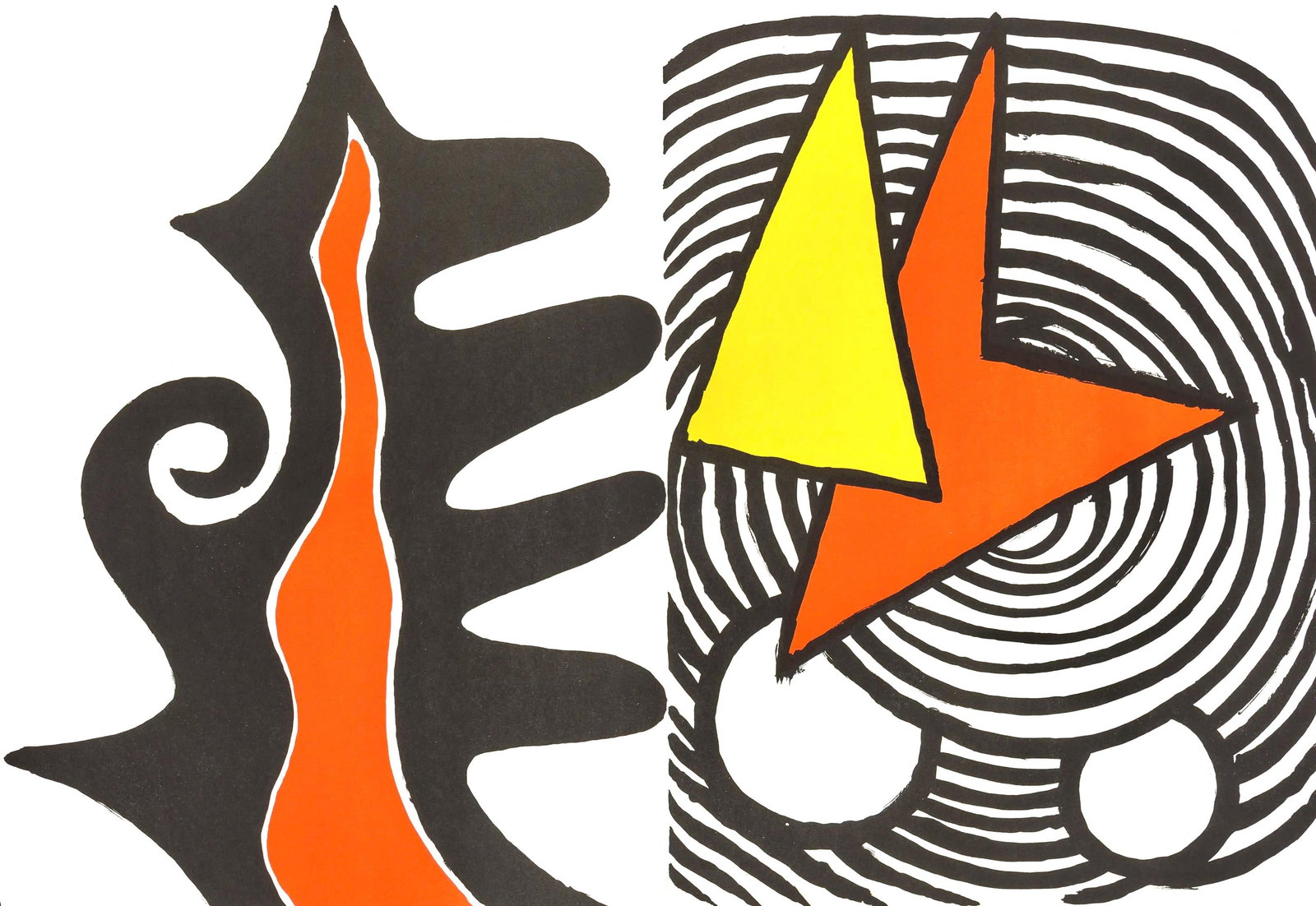 Alexander Calder, Composition, Derriere le miroir, Limited Edition Lithograph: Lithograph on velin paper. Paper Size: 15 x 22 inches. Excellent condition, with centerfold, as issued. Inscription: Unsigned and unnumbered, as issued. Notes: From Derriere le miroir, N deg 201, 1973