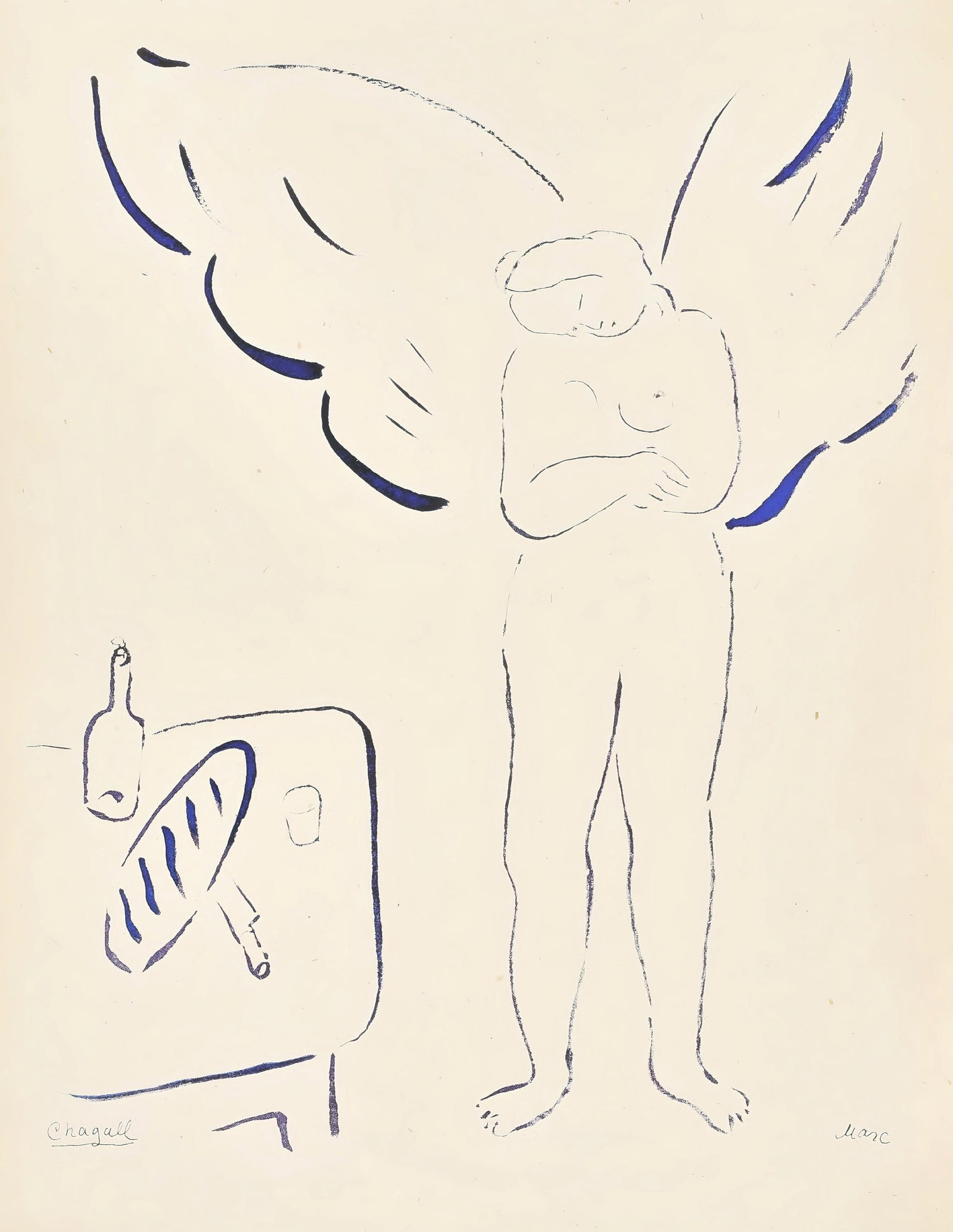 Marc Chagall, Composition, Le Dur Desir de Durer, Limited Edition Lithograph: Lithograph on velin bouffant d'Alfa paper. Paper size: 11.125 x 8.625 inches. Excellent condition. Inscription: unsigned and unnumbered, as issued. Notes: From the volume, Le Dur Desir de Durer, illus