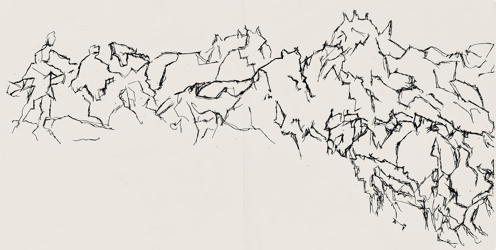 Jacques Villon, Composition (Ginestet/Pouillon 42-64), Hesiode, Les Travaux et les Jours, Limited: Etching on velin de Rives paper. Paper size: 15.75 x 24 inches. Excellent condition, with centerfold, as issued. Unsigned and unnumbered, as issued. Notes: From the folio, Hesiode, Les Travaux et les