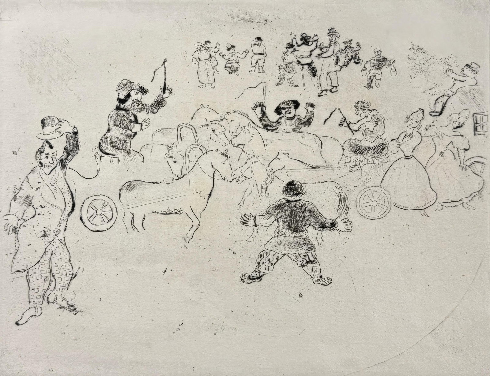 Marc Chagall, Collision on the Road, from Dead Souls, Limited Edition Etching, 1923-1927 (1 of 4)