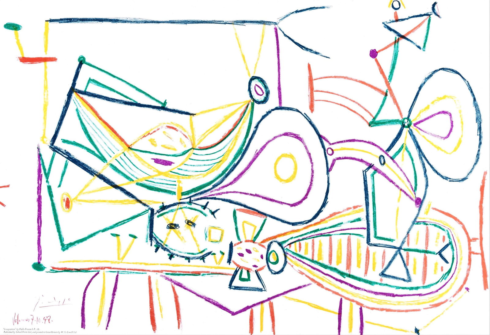 Pablo Picasso, Composition, S.P.28., from School Prints Ltd., Limited Edition Lithograph, 1949: This exquisite lithograph by Pablo Picasso (1881-1973), titled Composition, S.P.28., originates from the School Prints Ltd. series, published by School Prints Ltd., London, under the direction of Bren