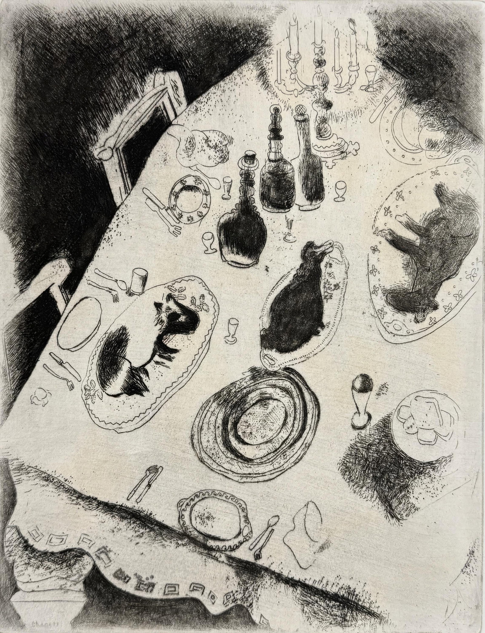 Marc Chagall, The Table Laden with Food, from Dead Souls, Limited Edition Etching, 1923-1927 (1 of 4)
