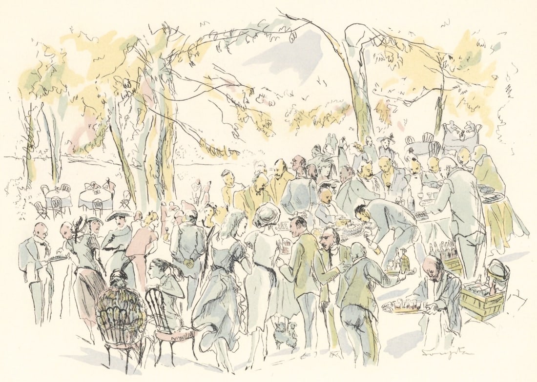 Leonard Tsugouharu Foujita (?? ??), Garden Party, Vins, Fleurs et Flammes, Limited Edition: Lithograph and Stencil on grand velin d'Arches special paper. Unsigned and unnumbered. Paper Size: 12.75 x 10 inches. Excellent condition. Notes: From the volume, Vins, Fleurs et Flammes, 1956. Publis
