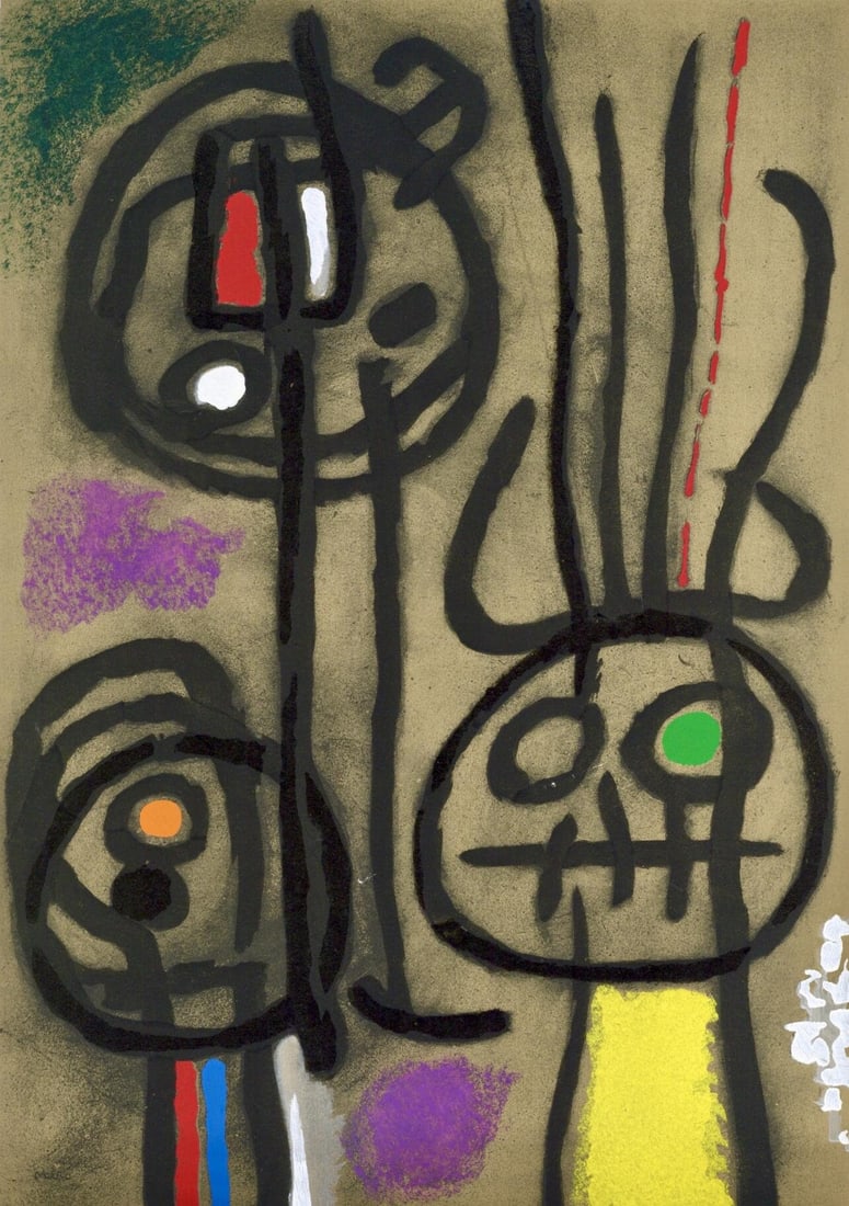 Joan Miro, Composition (Cramer 103; Mourlot 382-383), Miro Cartones 1956-1965, Limited Edition: Lithograph and stencil on velin paper. Paper size: 12.25 x 8.625 inches. Excellent condition. Inscription: Unsigned and unnumbered, as issued. Notes: From the album, Miro: Cartones, 1959-1965,