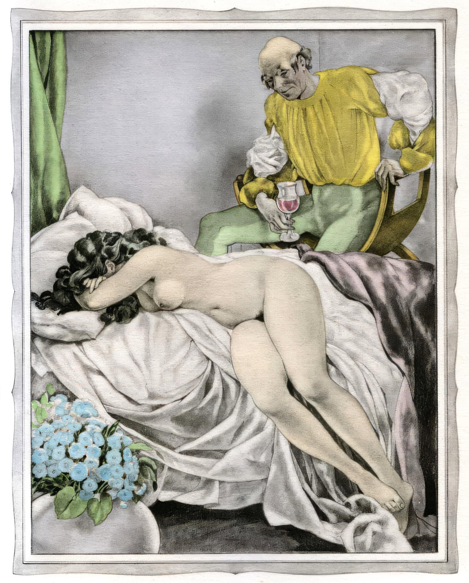 Umberto Brunelleschi, Untitled, from The Tales of Boccaccio, Limited Edition Lithograph and Pochoir,: This exquisite lithograph and pochoir by Umberto Brunelleschi (1879-1949), titled Sans titre (Untitled), originates from the celebrated album Les contes de Boccace (The Tales of Boccaccio), published
