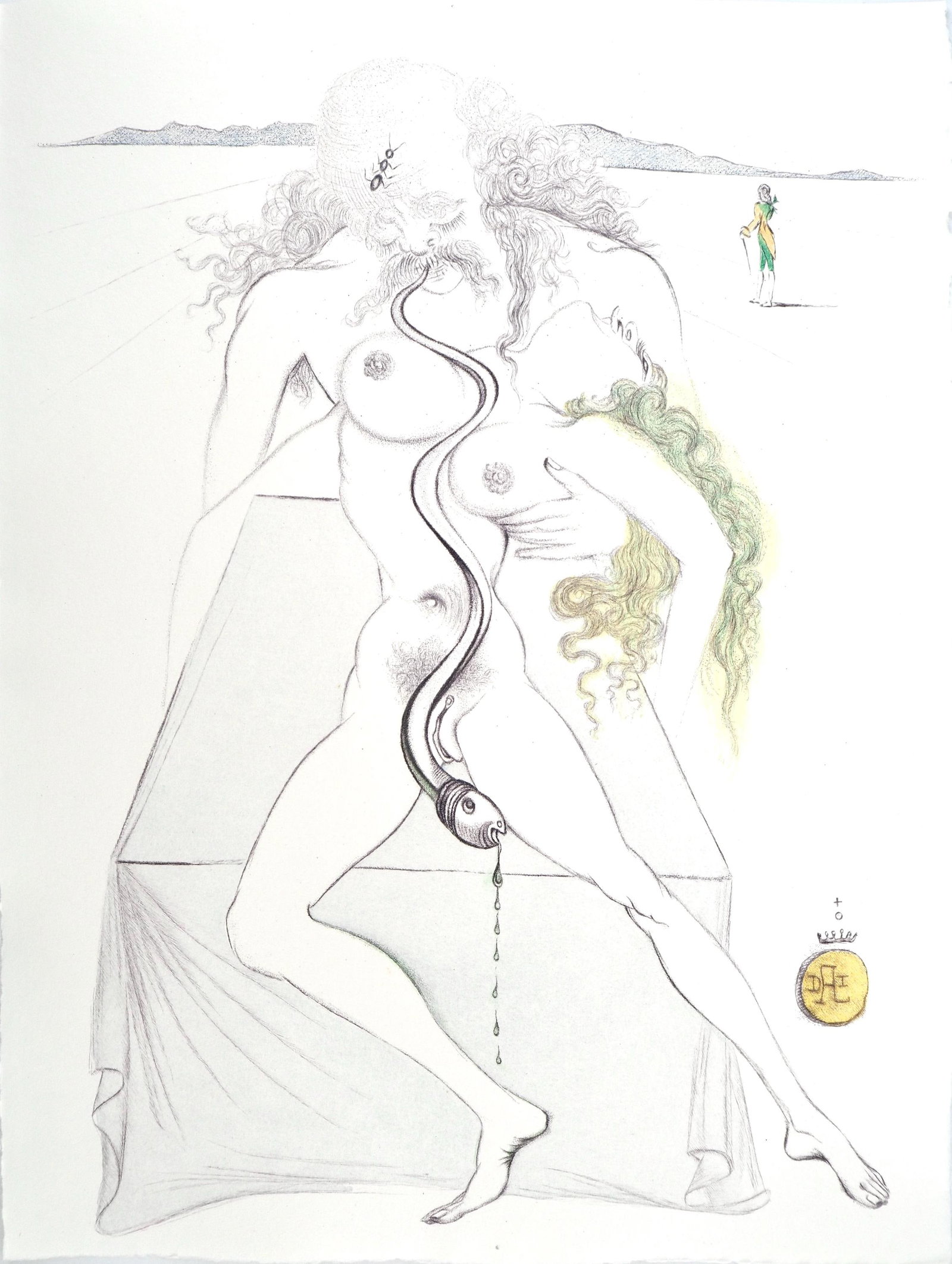 Salvador Dali, Composition (Field 67-4; M/L 174-187), Dali illustre Casanova, Limited Edition: Etching in colors on velin pur chiffon de Rives paper. Paper Size: 14.875 x 11.25 inches. Excellent condition. Signed in the plate and unnumbered, as issued. Notes: From the folio, Dali­ illustre Cas