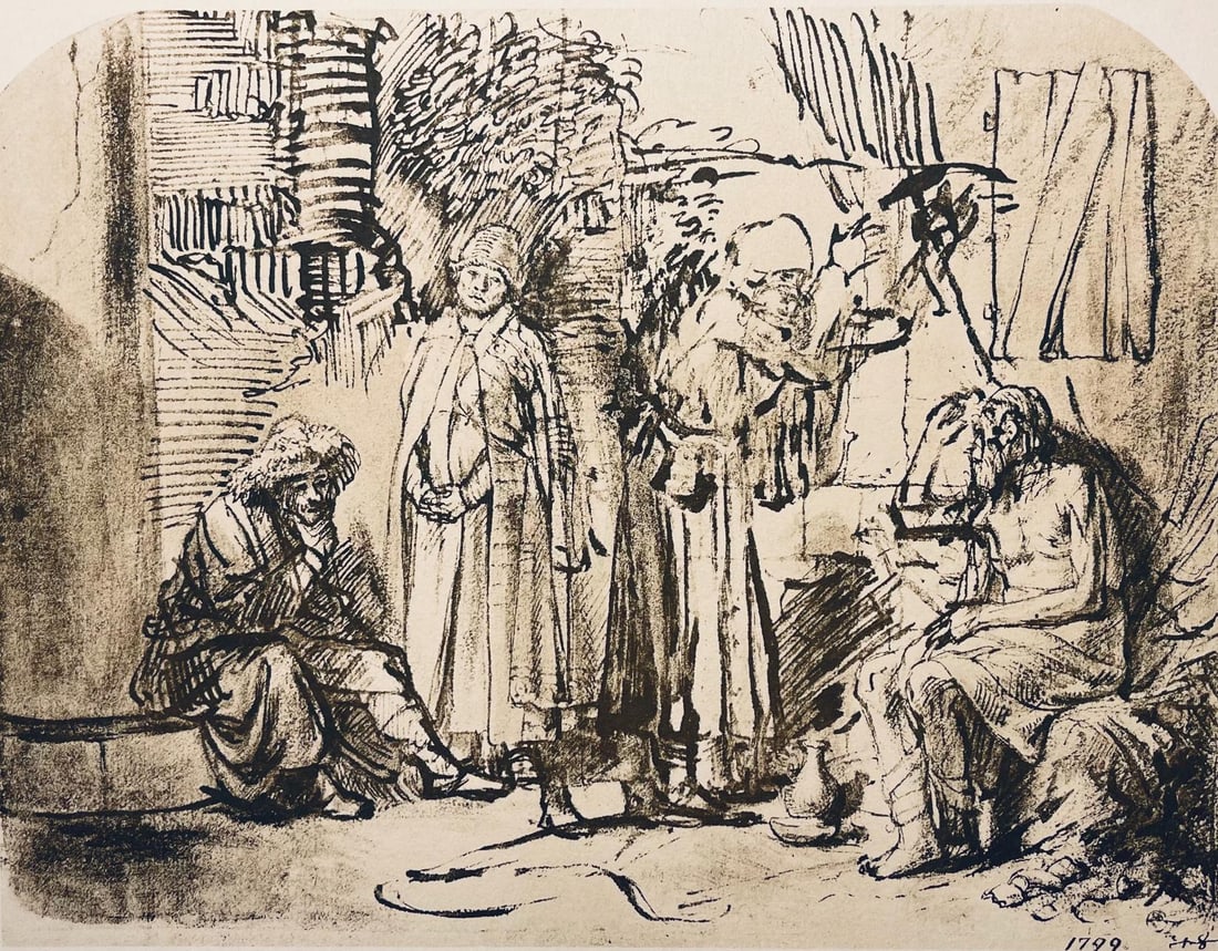 Rembrandt van Rijn, Job and His Friends, Limited Edition Collotype: Collotype on Hamilton Kilmory paper. Unsigned and unnumbered, as issued. Paper Size: 9.5 x 12.5 inches. Excellent condition. Notes: From the folio, Rembrandt, Drawings from the Bible, Thirty-two Collo