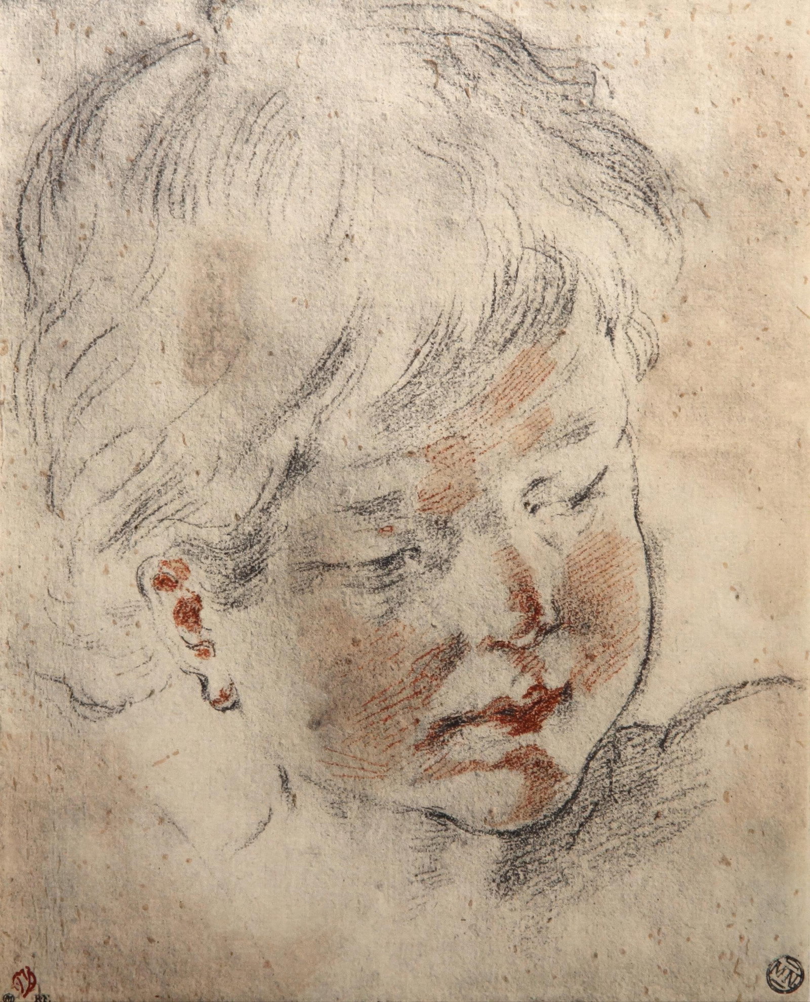 Guido Reni, Head of a child, from Faces of Children, Limited Edition Lithograph and Pochoir, 1968: This exquisite lithograph and pochoir by Guido Reni (1575-1642), titled Tete d enfant (Head of a child), originates from the 1968 folio Visages d Enfants. Quinze Dessins de Durer a Dufy Appartenant au