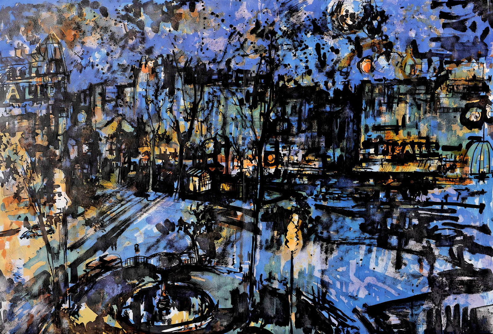 Jean Yves Commere, Place Pigalle la nuit, Panorama de Paris, Au Temps de Paris Seine, Limited: Lithograph on grand velin des Papeteries de Lana paper. Unsigned and unnumbered. Paper Size: 15 x 22 inches. Excellent condition, with centerfold, as issued. Notes: From the folio, Au Temps de Paris