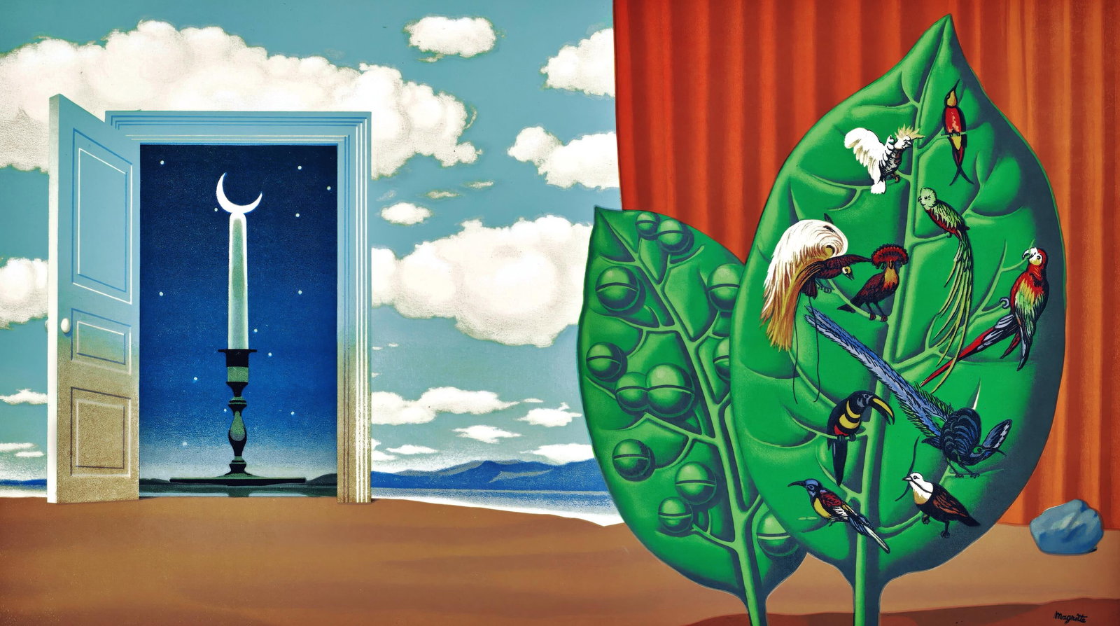 Rene Magritte, A Door Opens onto the Velvety Night, from The Found Children of Magritte, Limited: This exquisite lithograph by Rene Magritte (1898-1967), titled Une Porte souvre sur la Nuit Veloutee (A Door Opens onto the Velvety Night), from the folio Les Enfants Trouves de Magritte (The Found Ch