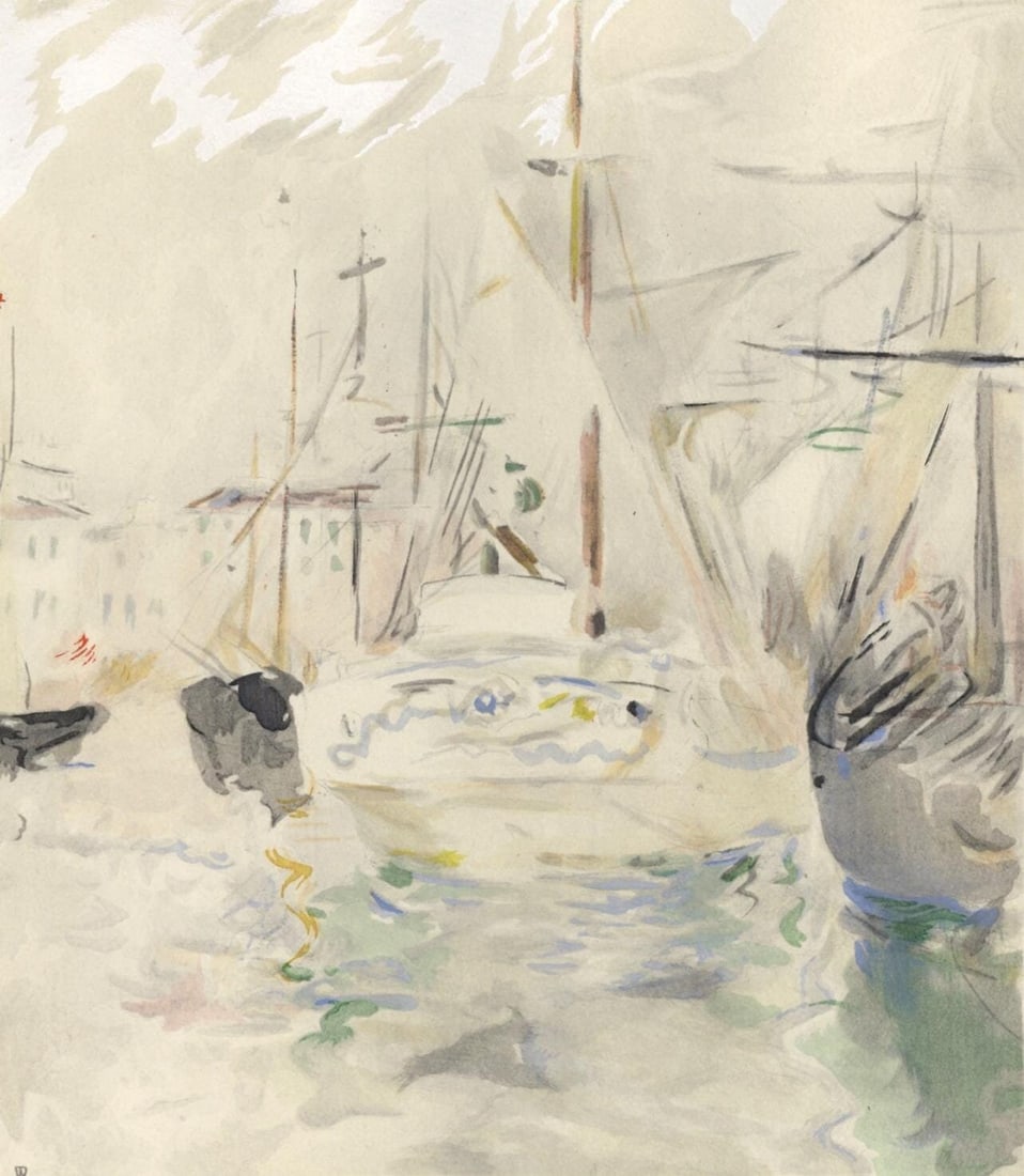 Berthe Morisot, Bateau blanc dans le port de Nice, Berthe Morisot Seize Aquarelles, Limited Edition: Lithograph and stencil on velin du Marais paper. Paper Size: 15 x 11 inches. Excellent condition. Inscription: Unsigned and unnumbered, as issued. Notes: From the folio, Berthe Morisot Seize