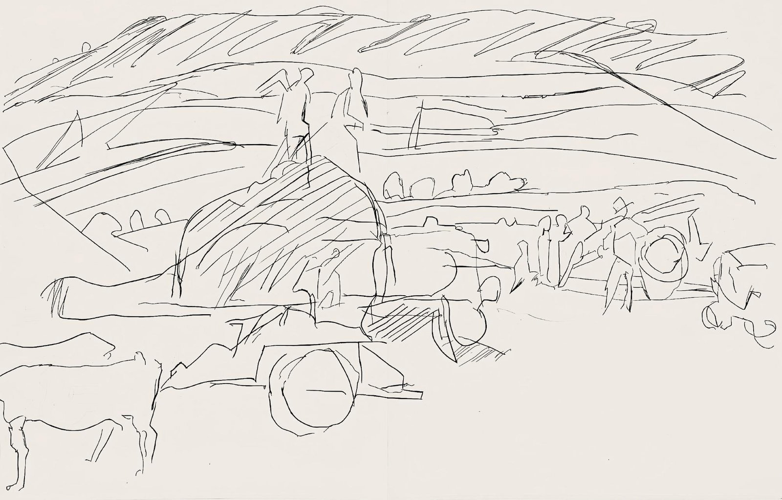 Jacques Villon, Composition (Ginestet/Pouillon 42-64), Hesiode, Les Travaux et les Jours, Limited: Etching on velin de Rives paper. Paper size: 15.75 x 24 inches. Excellent condition, with centerfold, as issued. Unsigned and unnumbered, as issued. Notes: From the folio, Hesiode, Les Travaux et les 