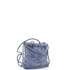 Chanel 22 Chain Hobo Quilted Studded Denim Mini (Blue)