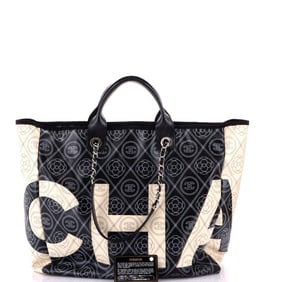 Chanel Logo Camellia Shopping Tote Printed Coated Canvas Medium (Black, White)