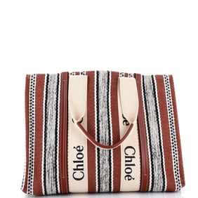 Chloe Woody Tote Striped Linen Large (Black, Brown, Neutral)